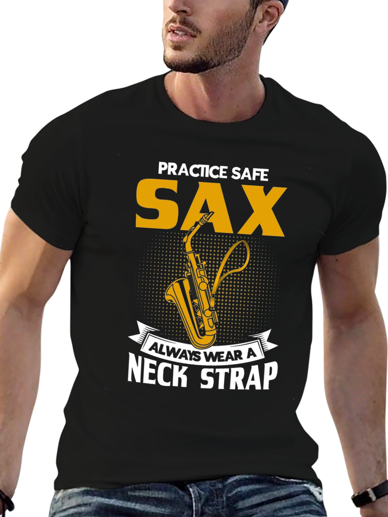 Black Practice Safe Sax T-Shirt - Always Wear a Neck Strap view 6