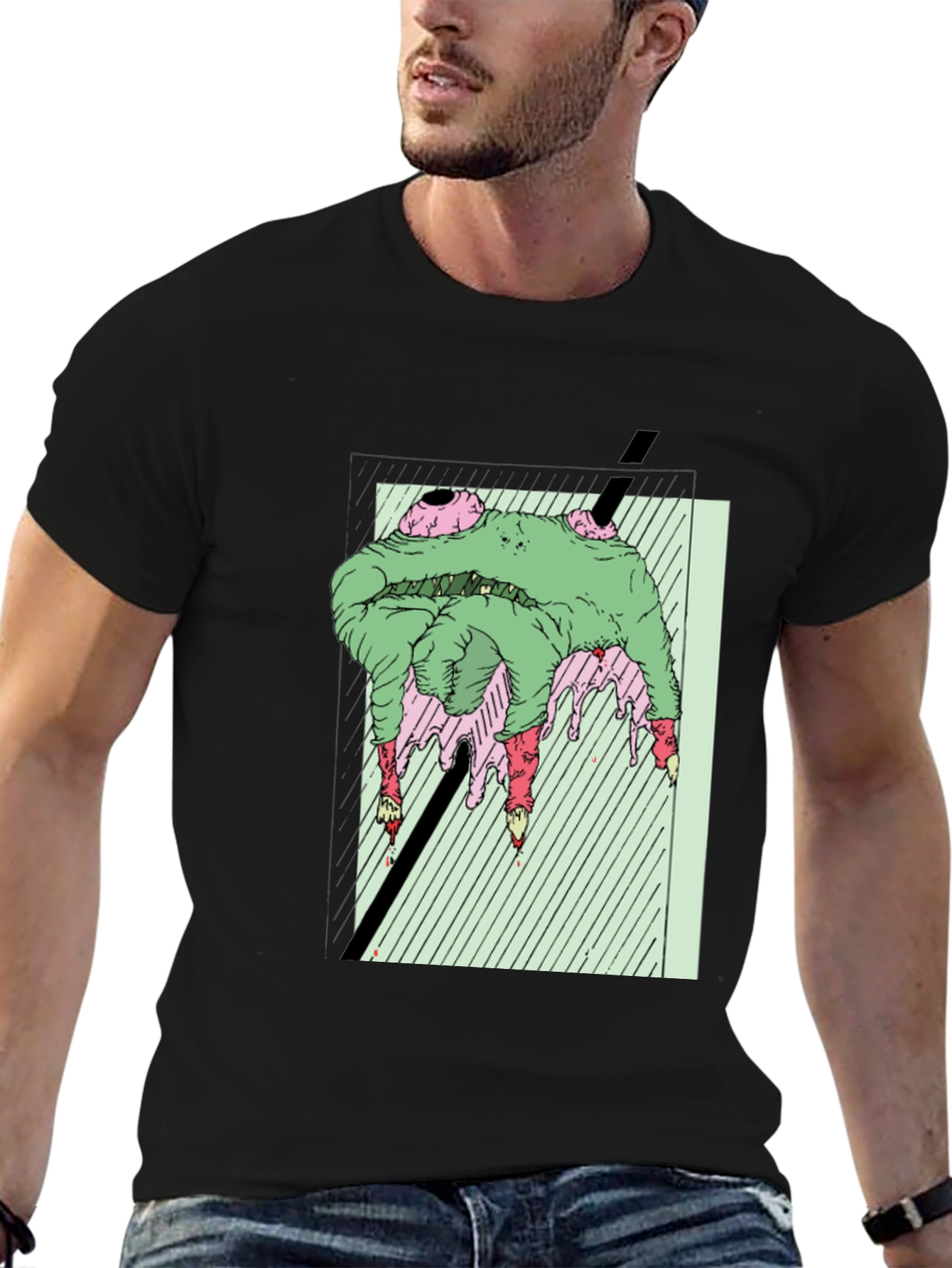 Black Green Horror Graphic Tee - Unique Graphic T-Shirt view 6