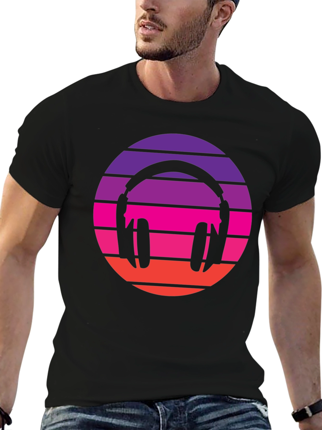 Black Retro Headphones T-Shirt - Vintage Music Vibes view 6