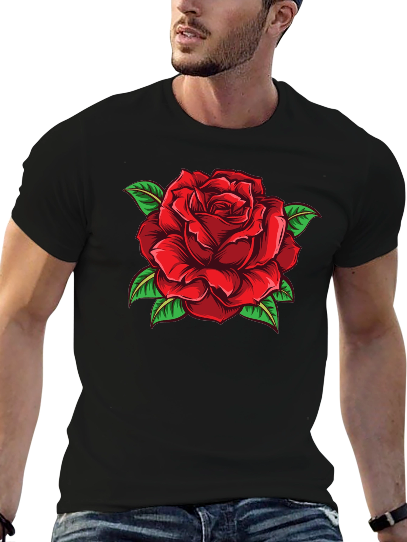 Black Red Rose Graphic Print Black T-Shirt view 6