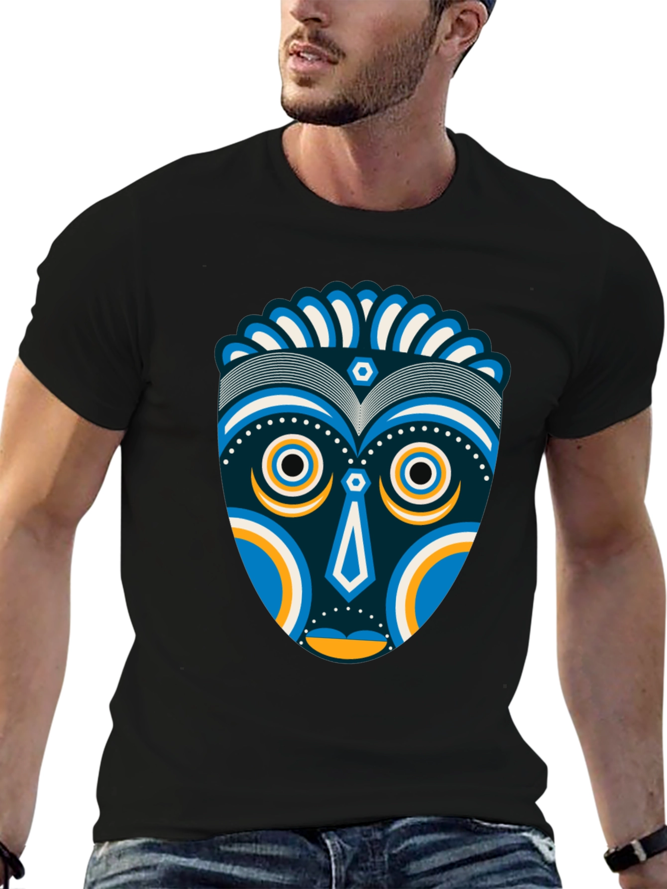 Black Tribal Mask Graphic Tee - Unique Design, Black Cotton Shirt view 6