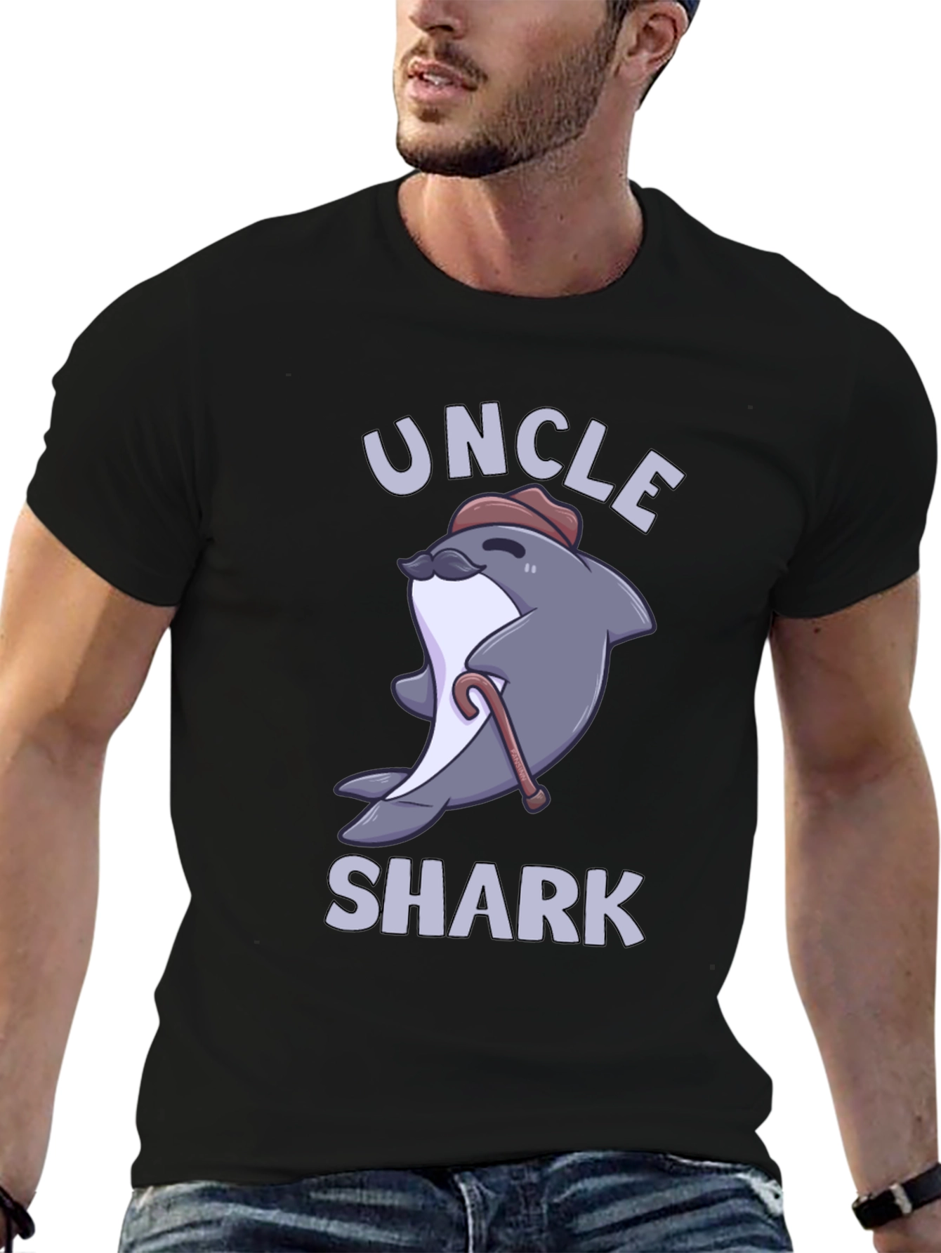 Black Uncle Shark Graphic Tee - Cute Cartoon Shark T-Shirt view 6