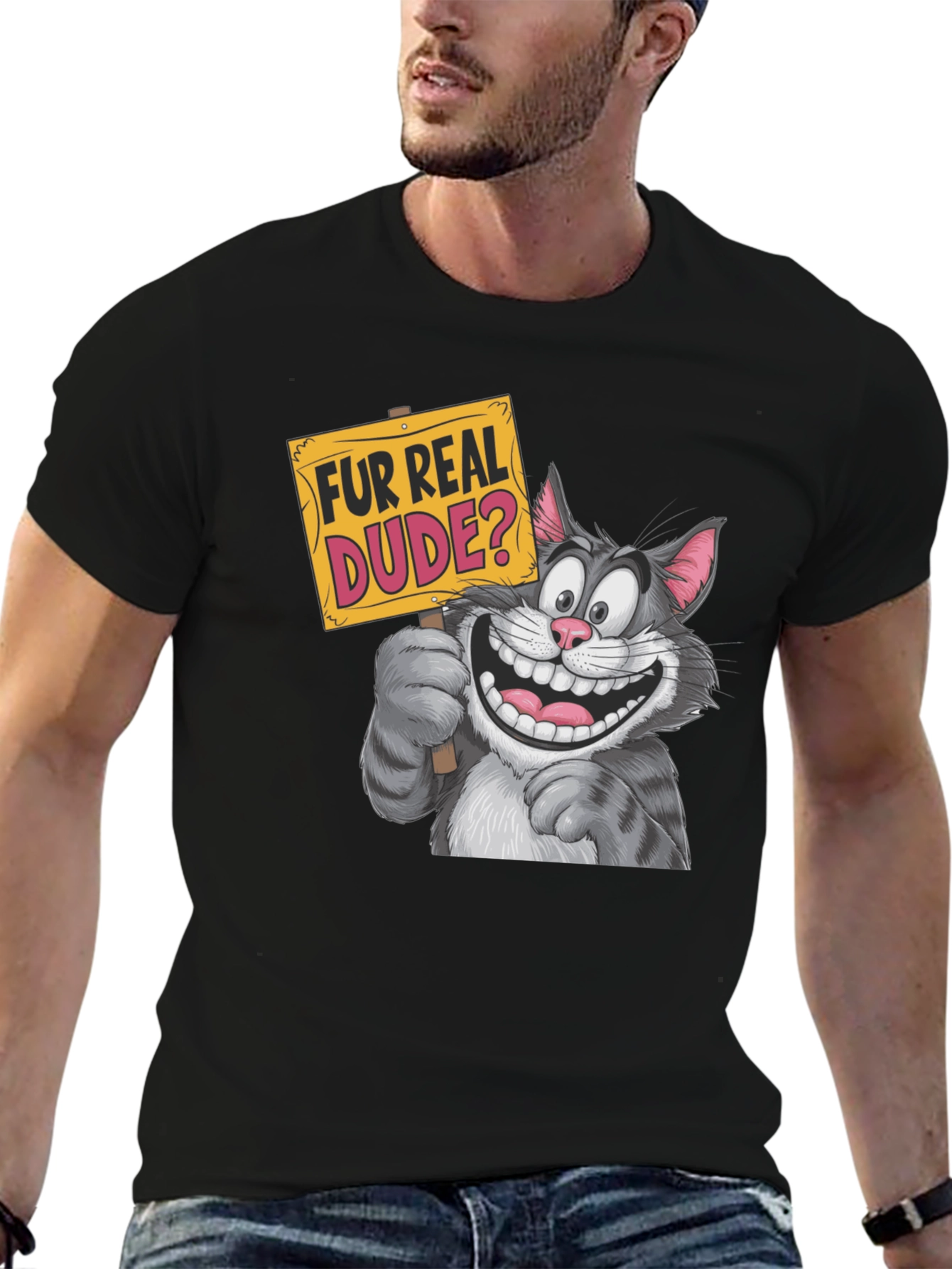 Black Fur Real Dude? Graphic Print Black T-Shirt view 6