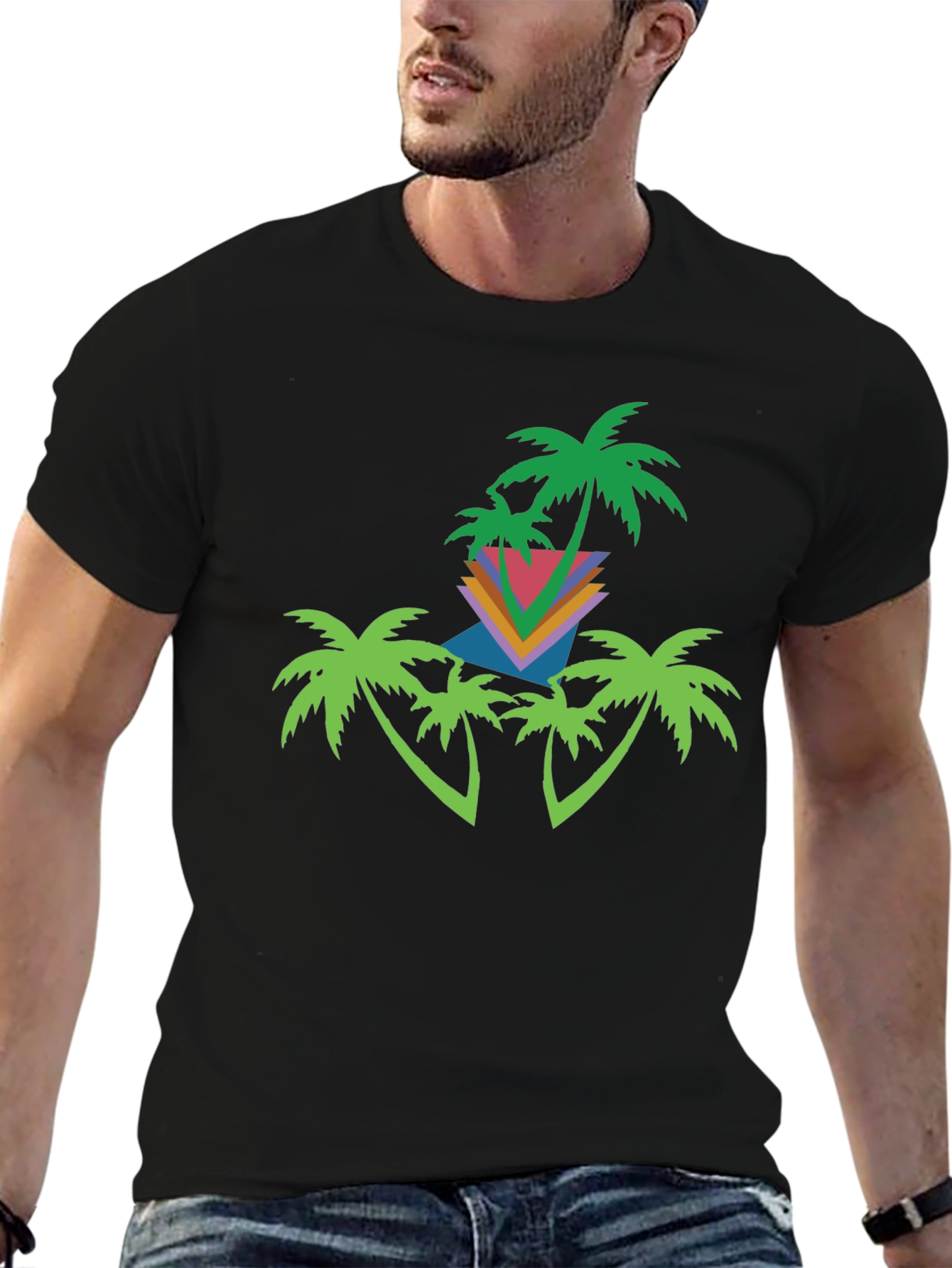 Black Retro Palm Tree Graphic Tee - Black Cotton Blend view 6