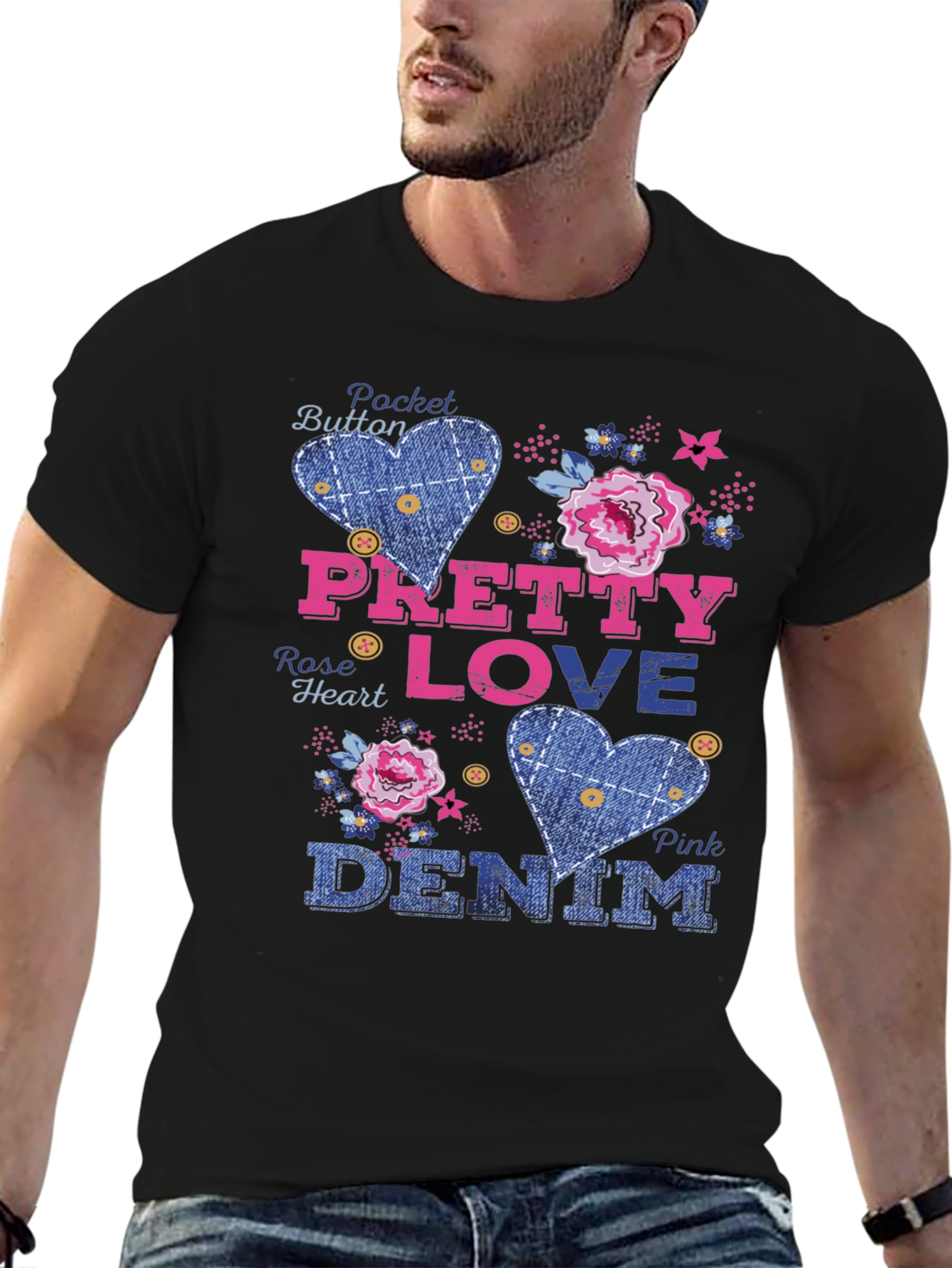 Black Pretty Love Denim Graphic Tee - Pocket Button Design view 6
