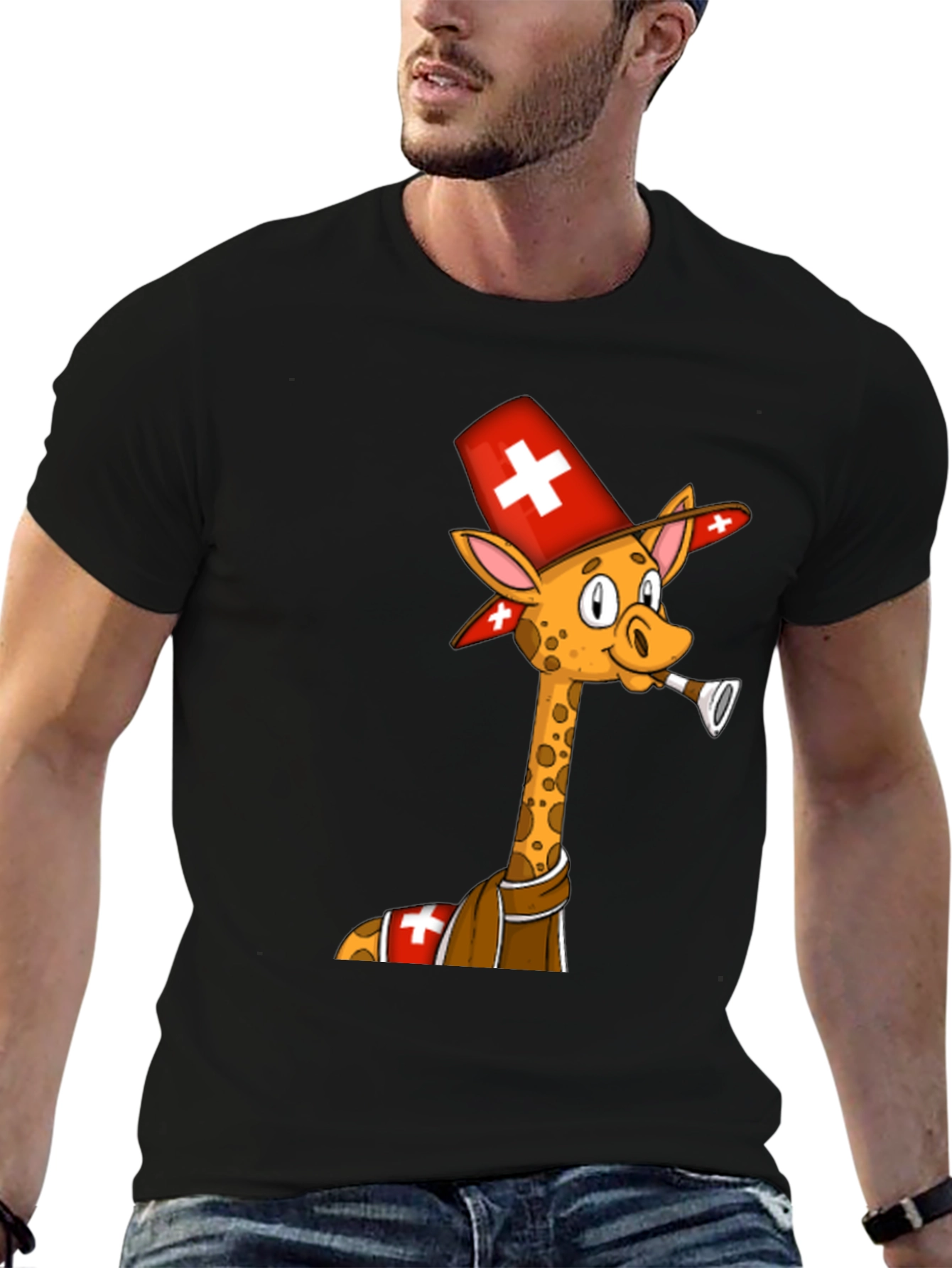 Black Swiss Giraffe T-Shirt - Unique Cartoon Design view 6