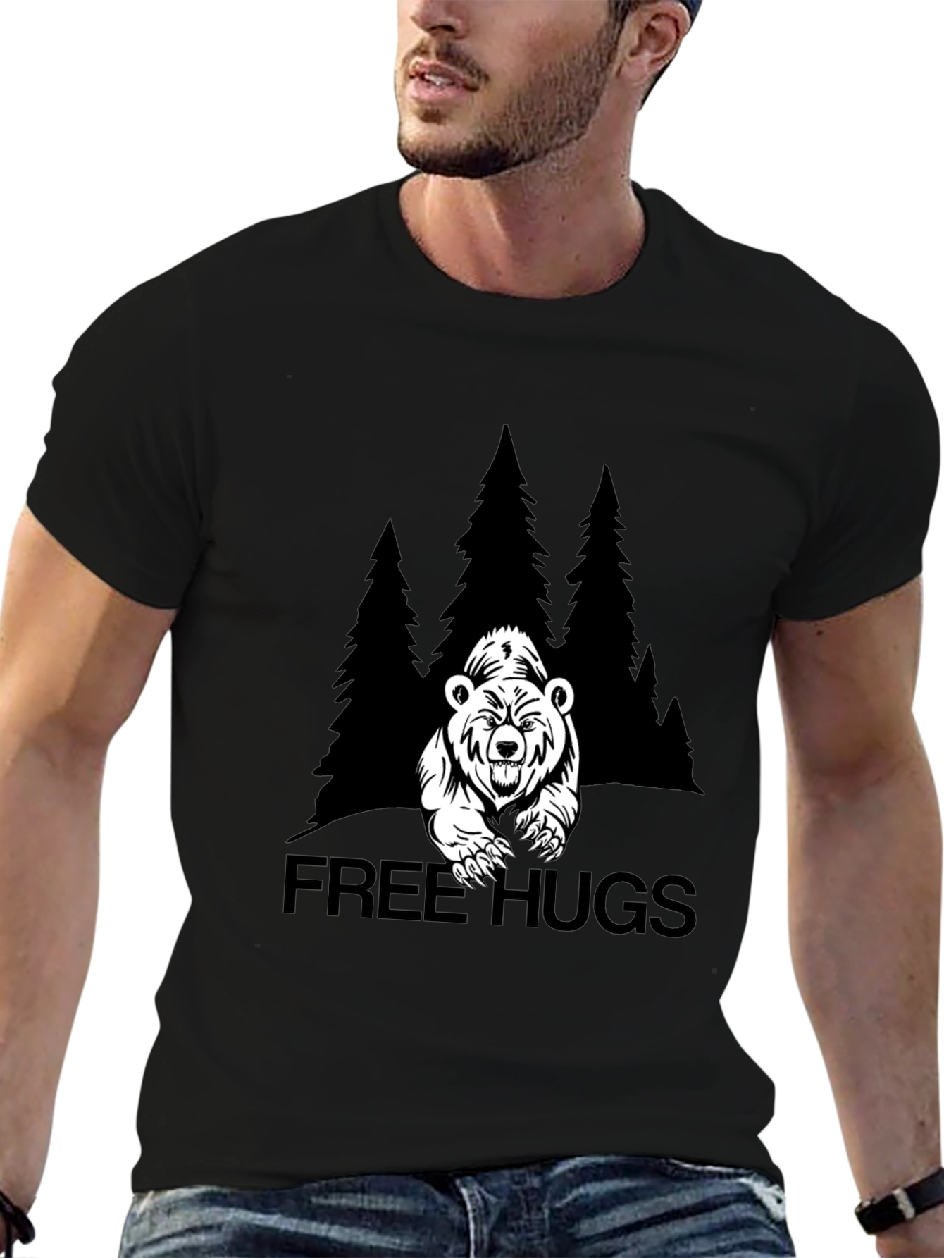Black Free Hugs Bear Graphic T-Shirt - Black view 6