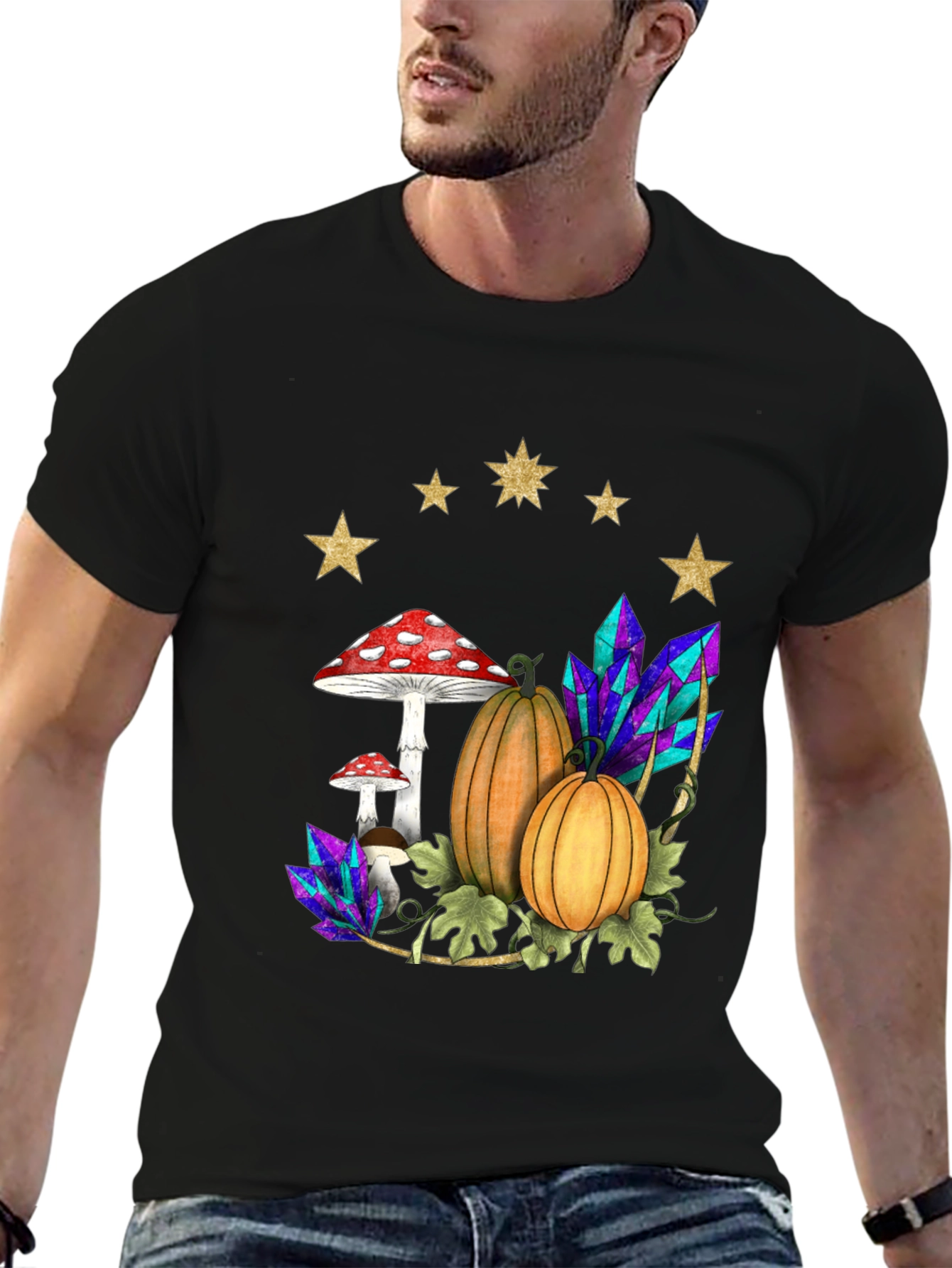 Black Whimsical Harvest T-Shirt: Pumpkins, Mushrooms & Crystals view 6
