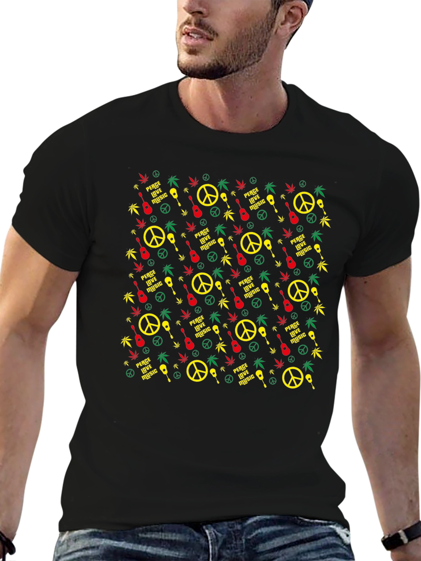 Black Rasta Peace Love Music Graphic T-Shirt view 6