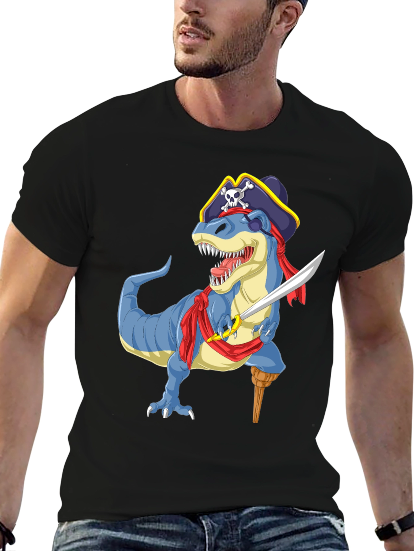 Black Pirate Dinosaur Graphic T-Shirt - Fun Novelty Tee view 6