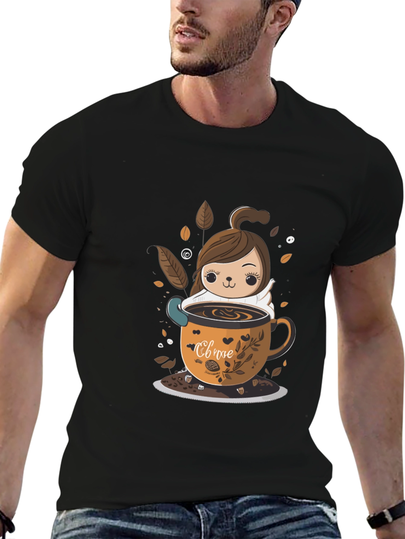 Black Cute Cartoon Coffee Lover T-Shirt view 6