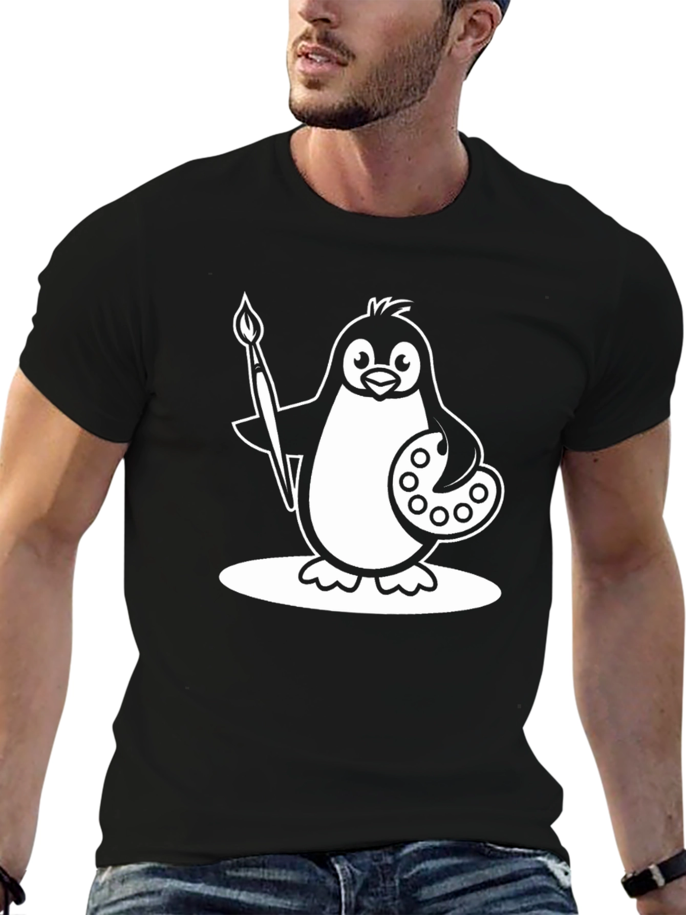 Black Penguin Artist Graphic T-Shirt - Black Cotton Tee view 6