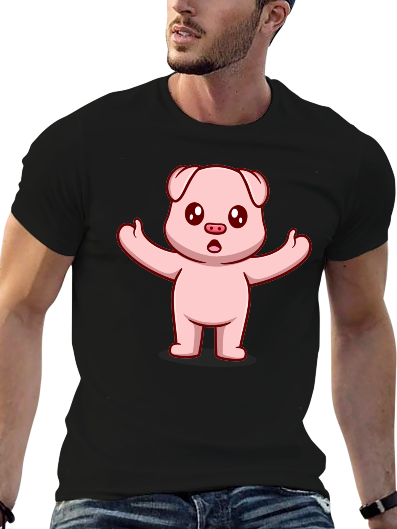 Black Cute Pig Cartoon Black T-Shirt view 6