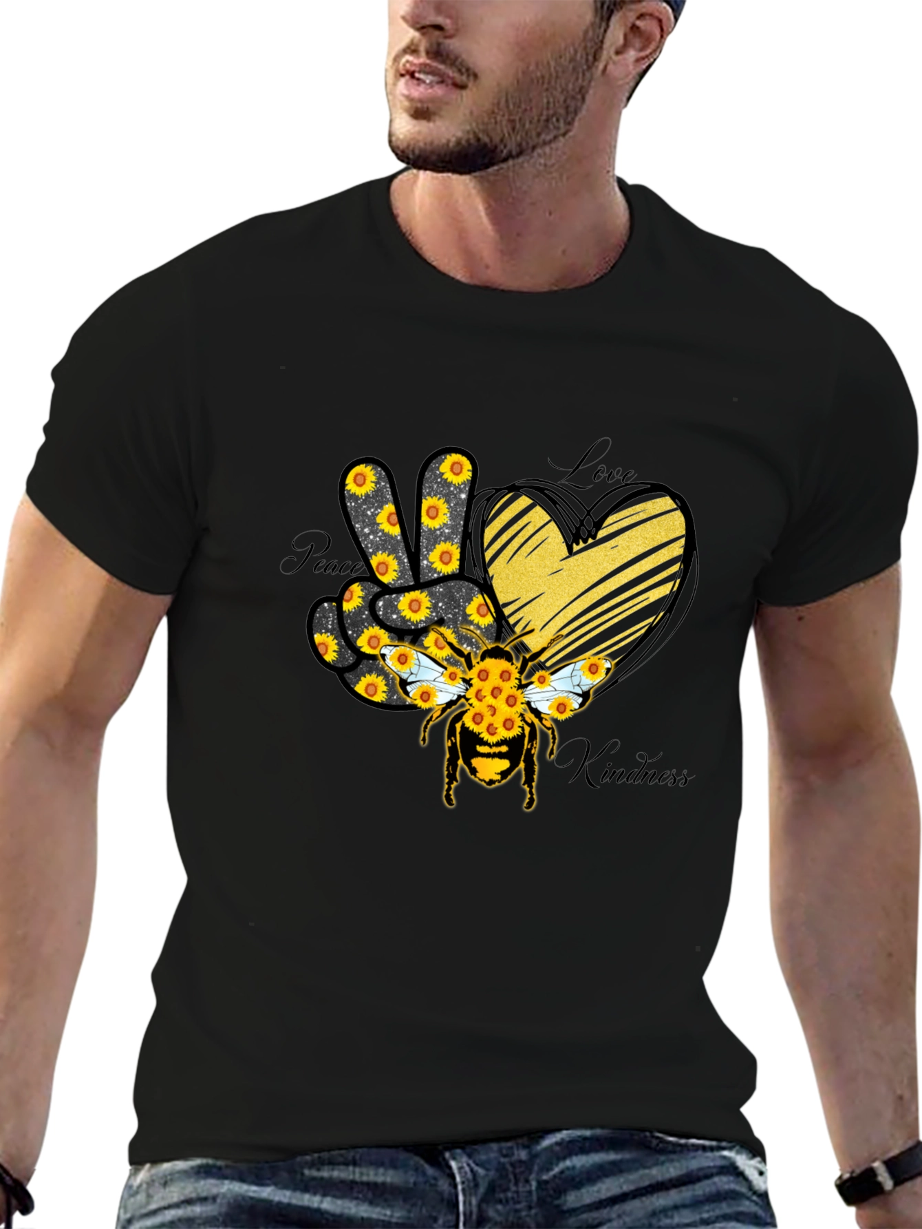 Black Peace Love Kindness Sunflower Bee T-Shirt view 6