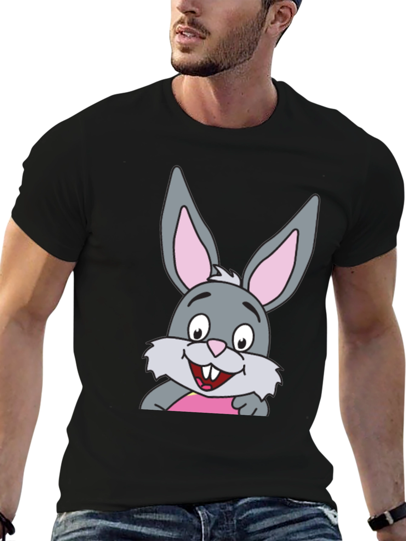 Black Cartoon Rabbit Graphic Print Black T-Shirt view 6