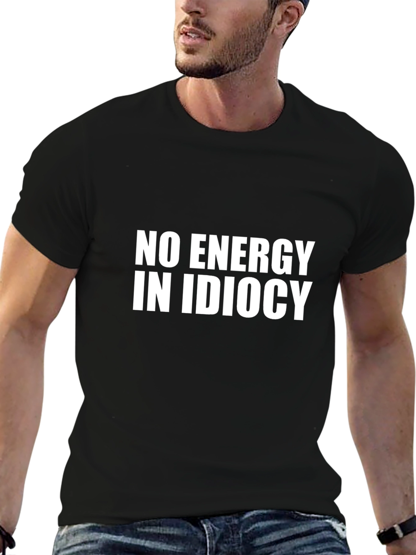 Black No Energy in Idiocy Black Graphic T-Shirt view 6