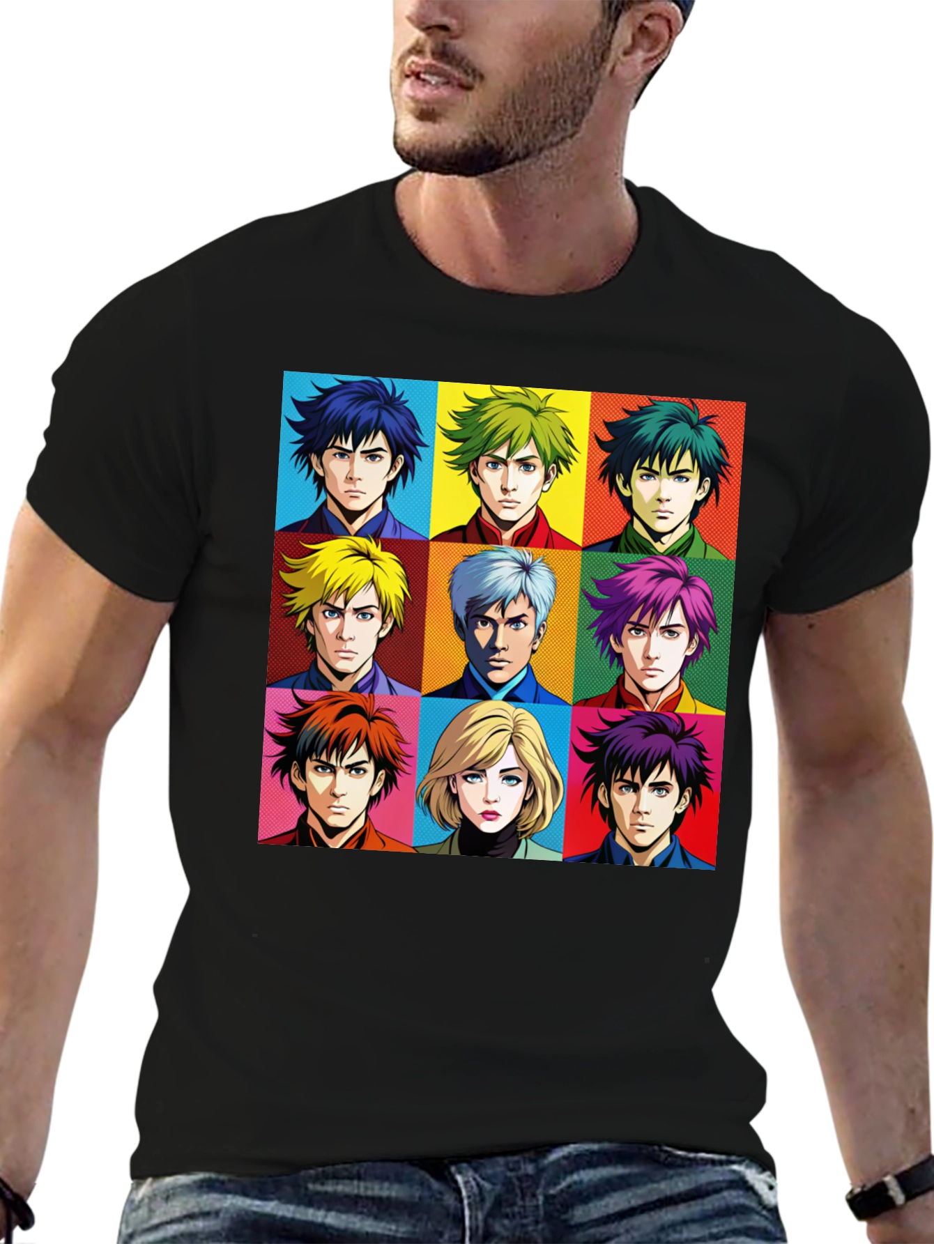 Black Anime Faces T-Shirt, Pop Art Design view 6