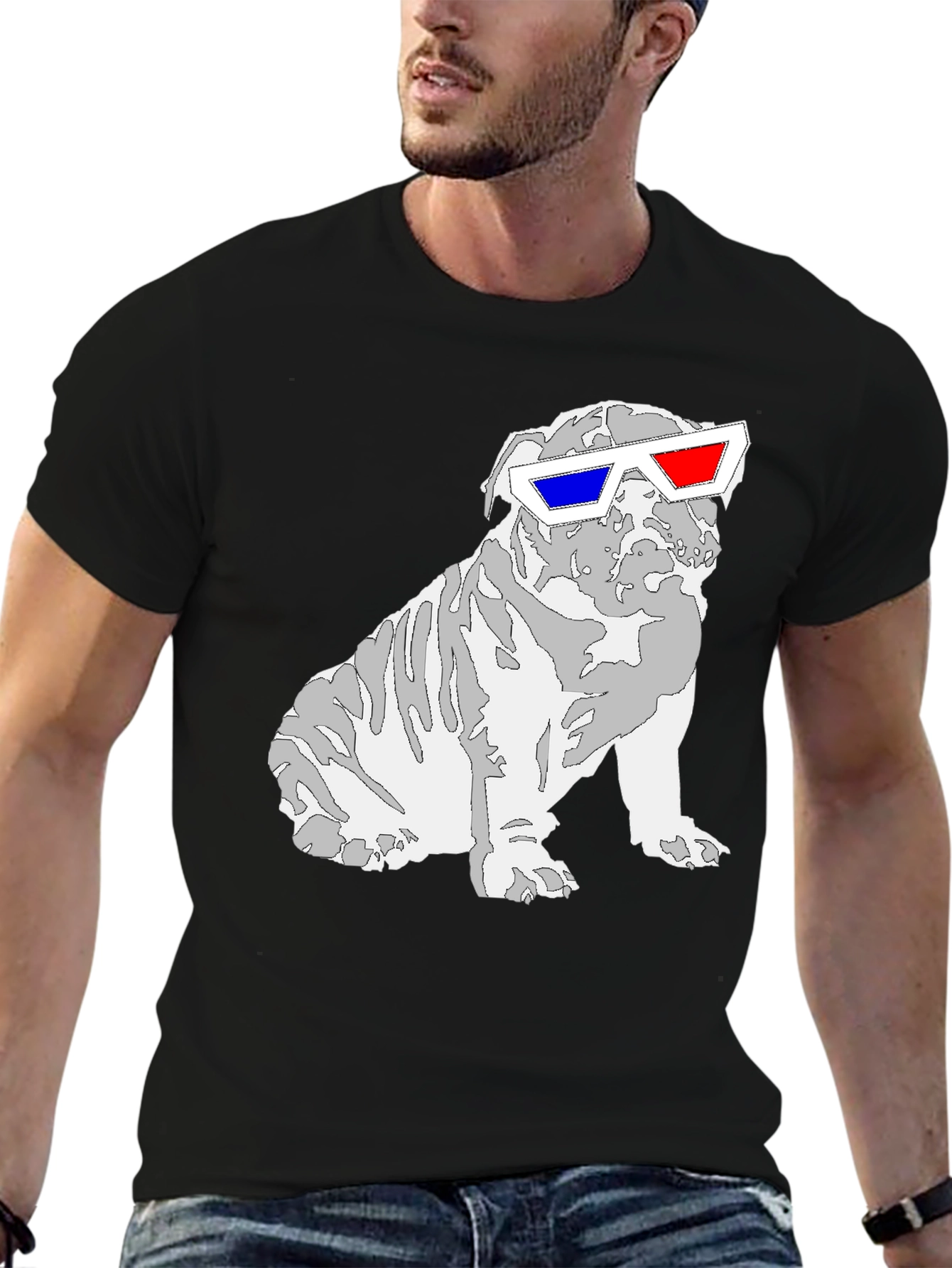 Black Cool Bulldog 3D Glasses Graphic T-Shirt view 6