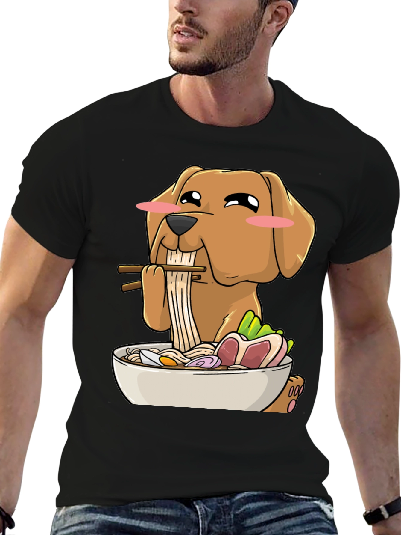 Black Dog Eating Ramen Funny T-Shirt view 6