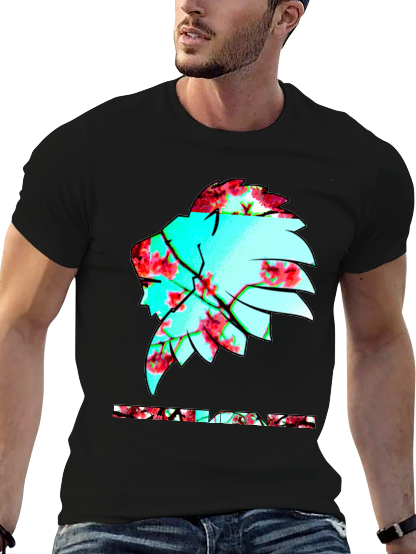 Black Floral Indian Chief Graphic Print Black T-Shirt view 6