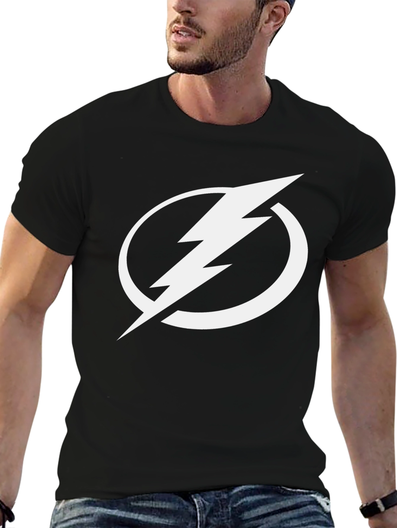 Black Lightning Bolt Graphic Tee - Black Cotton T-Shirt view 6