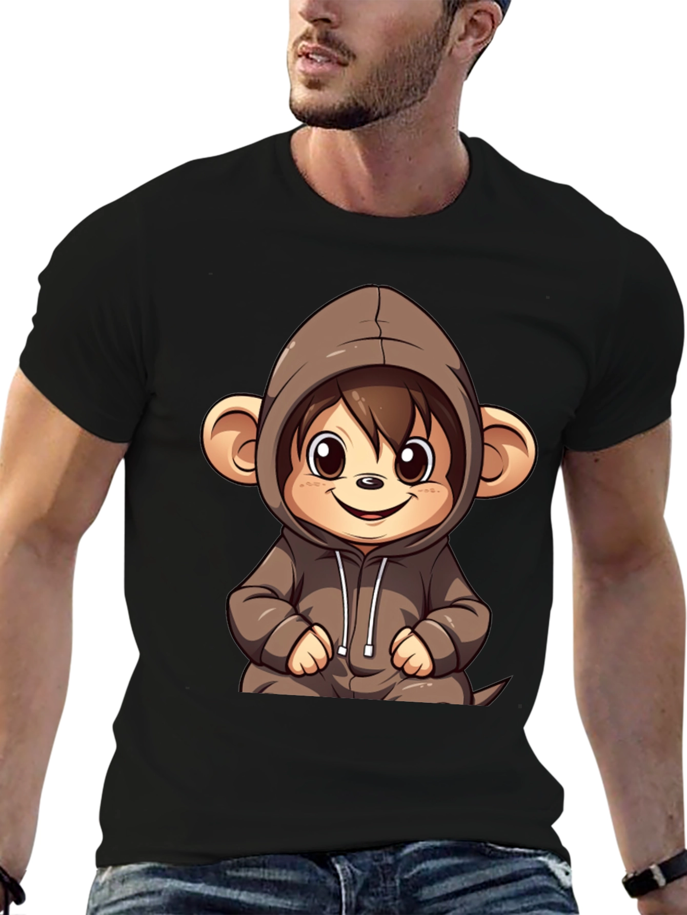 Black Cute Monkey Hoodie Graphic Tee view 6