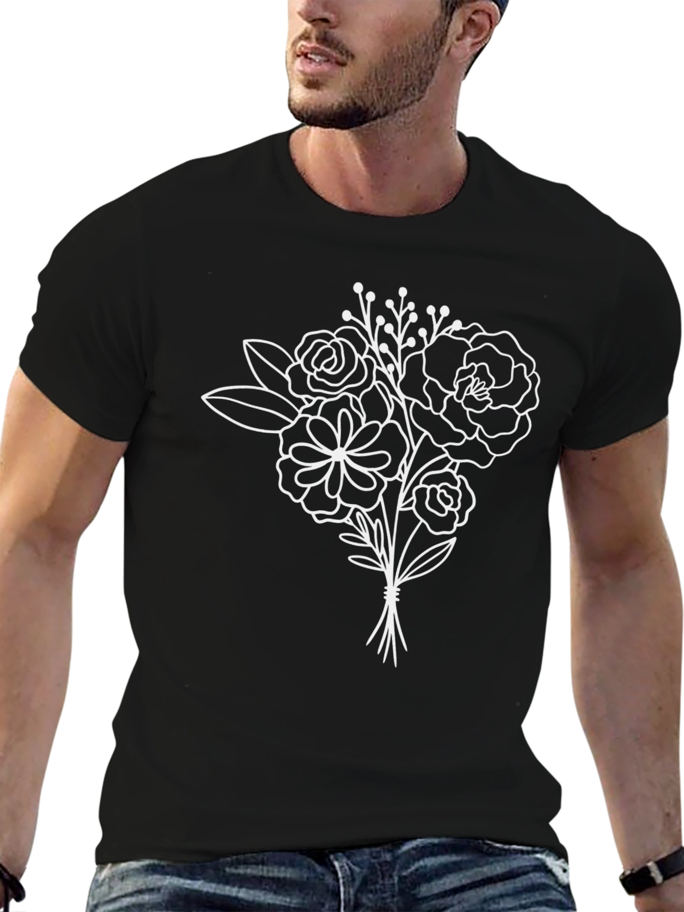 Black Floral Bouquet Graphic Tee - Black Cotton T-Shirt view 6