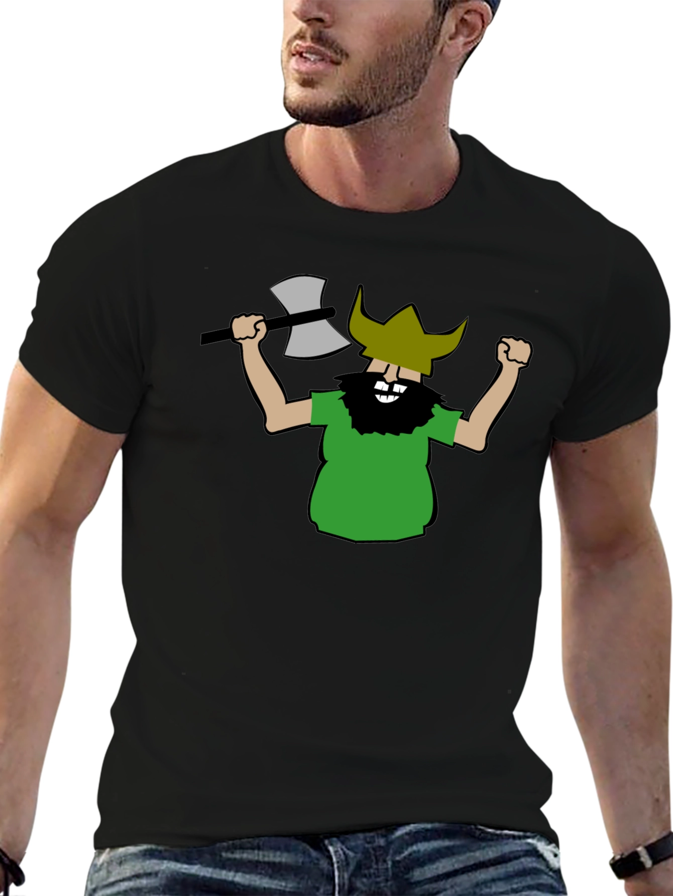 Black Viking Cartoon Graphic Black T-Shirt view 6