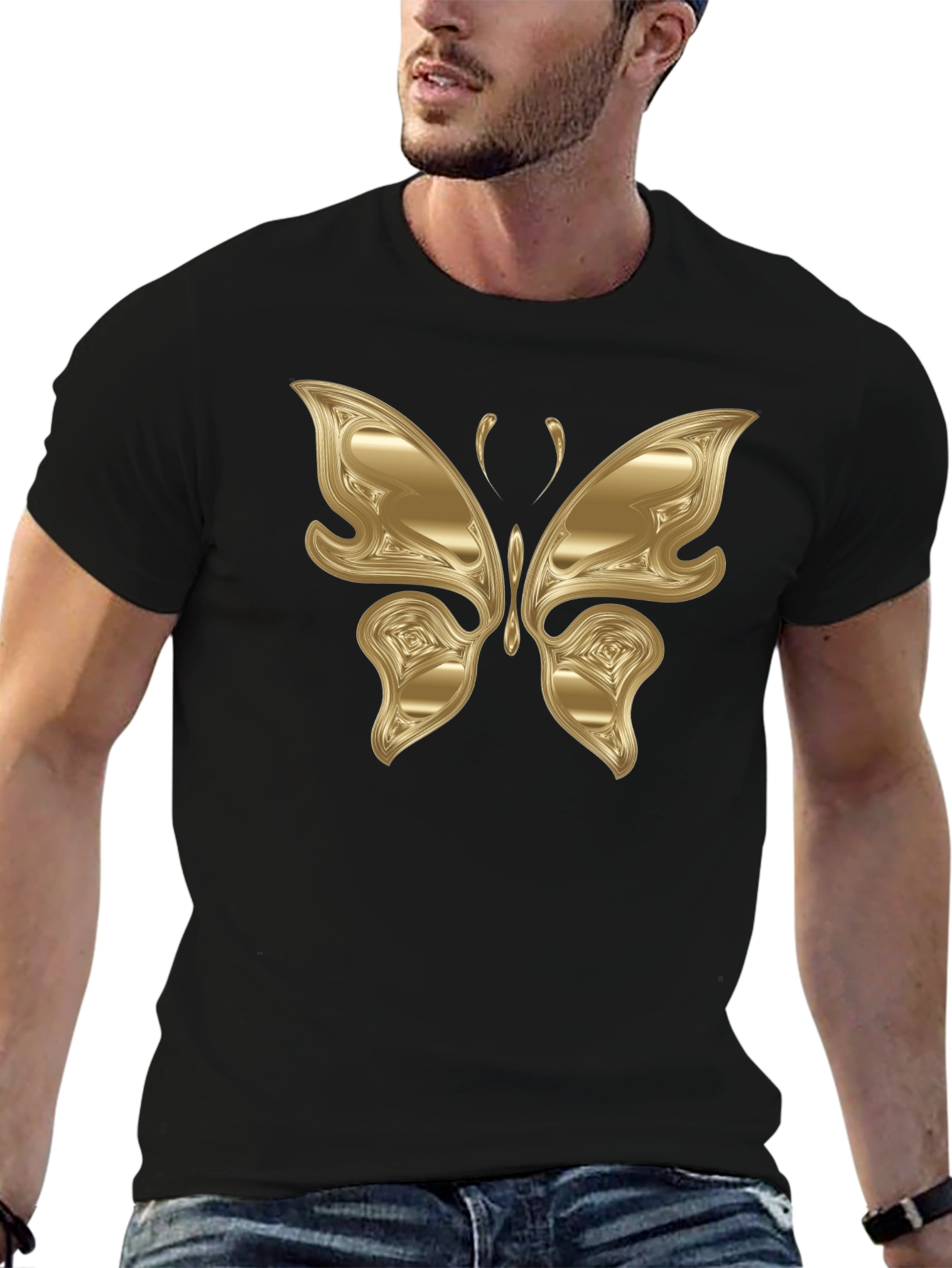 Black Golden Butterfly Graphic Black T-Shirt view 6