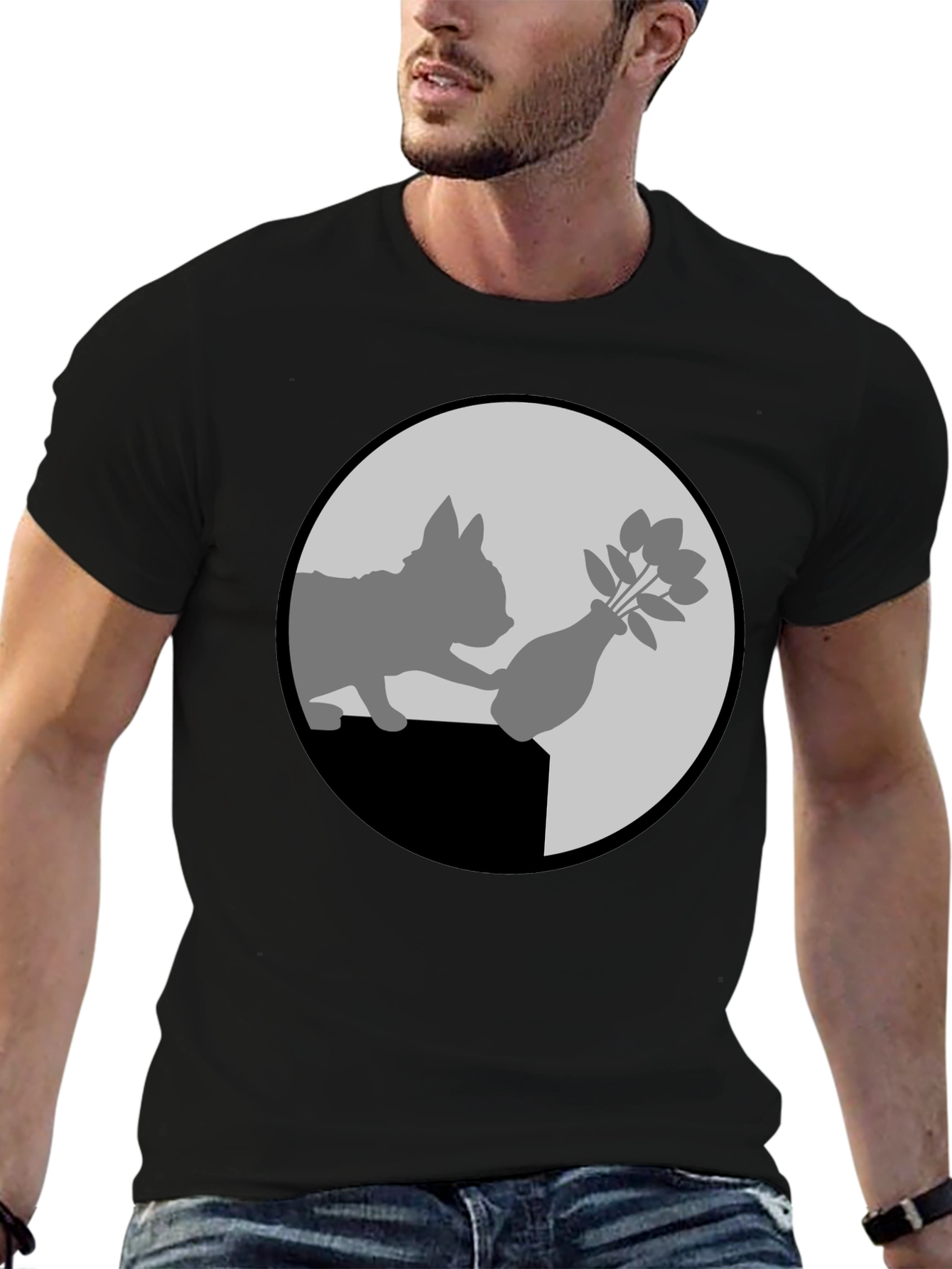 Black Cat & Vase Graphic Tee - Quirky Black T-Shirt view 6