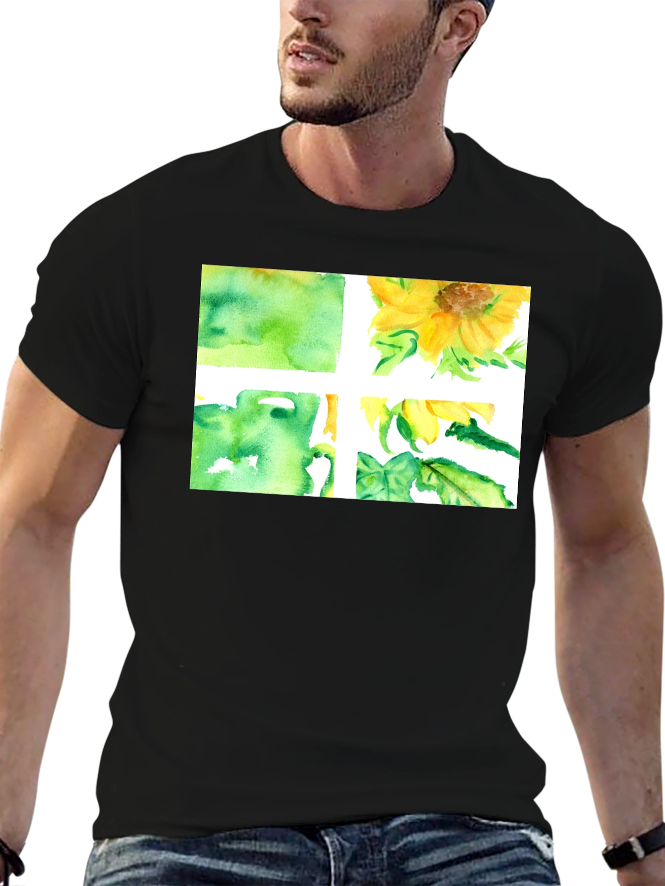 Black Sunflower Watercolor Graphic Black T-Shirt view 6
