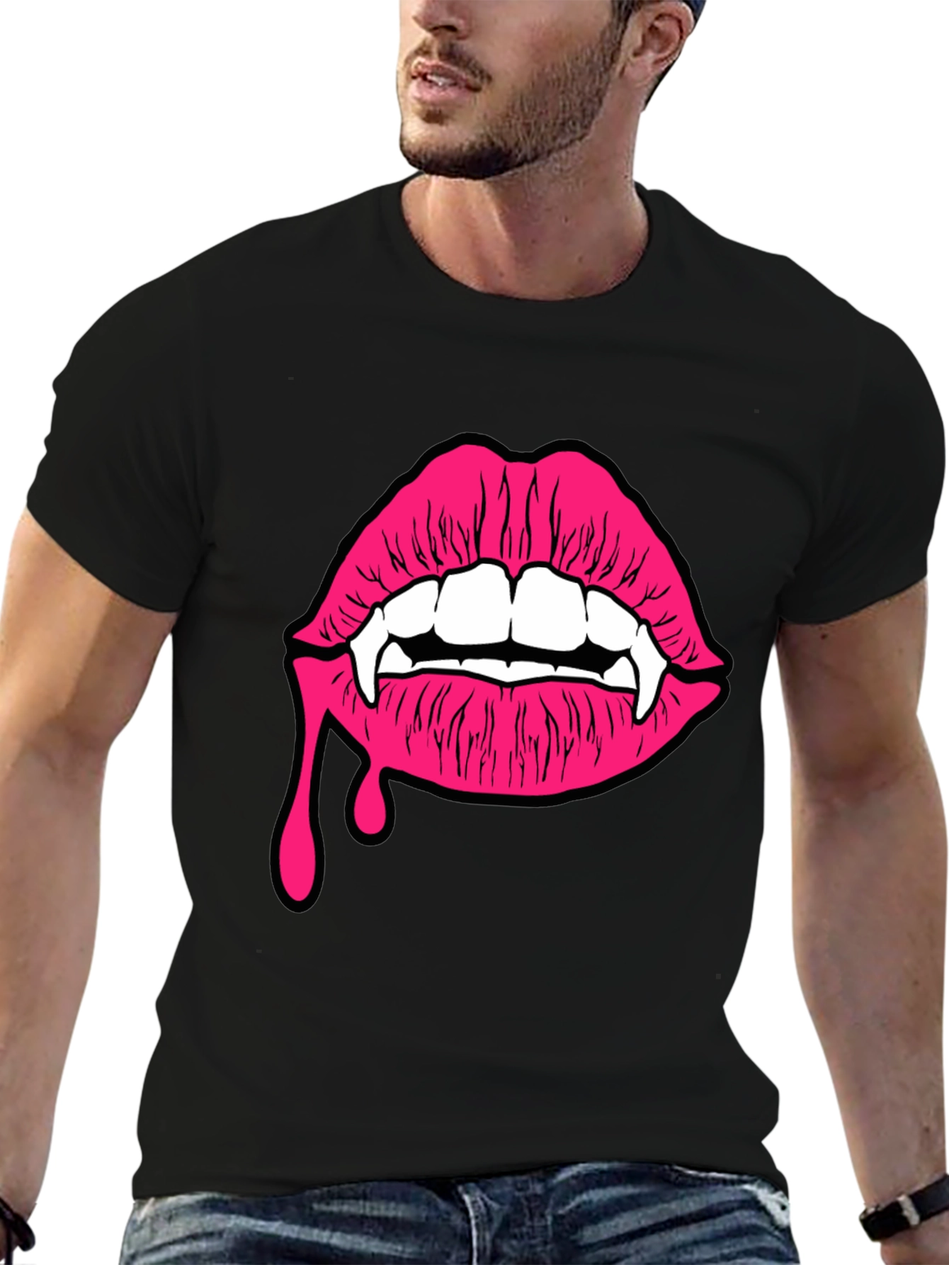 Black Vampire Lips Graphic Tee - Black Cotton T-Shirt view 6