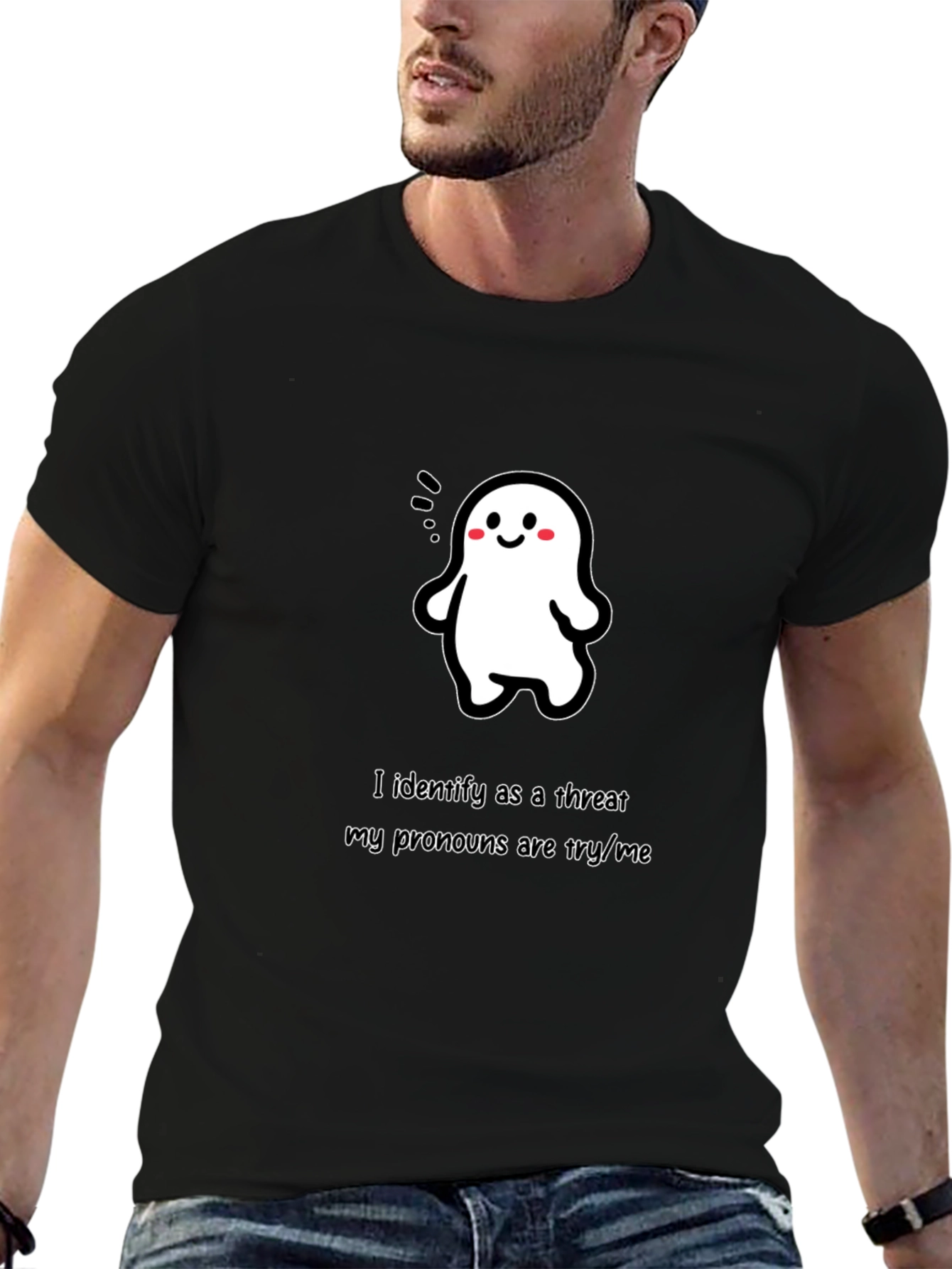 Black Funny Ghost T-Shirt - "Try/Me" Pronouns view 6