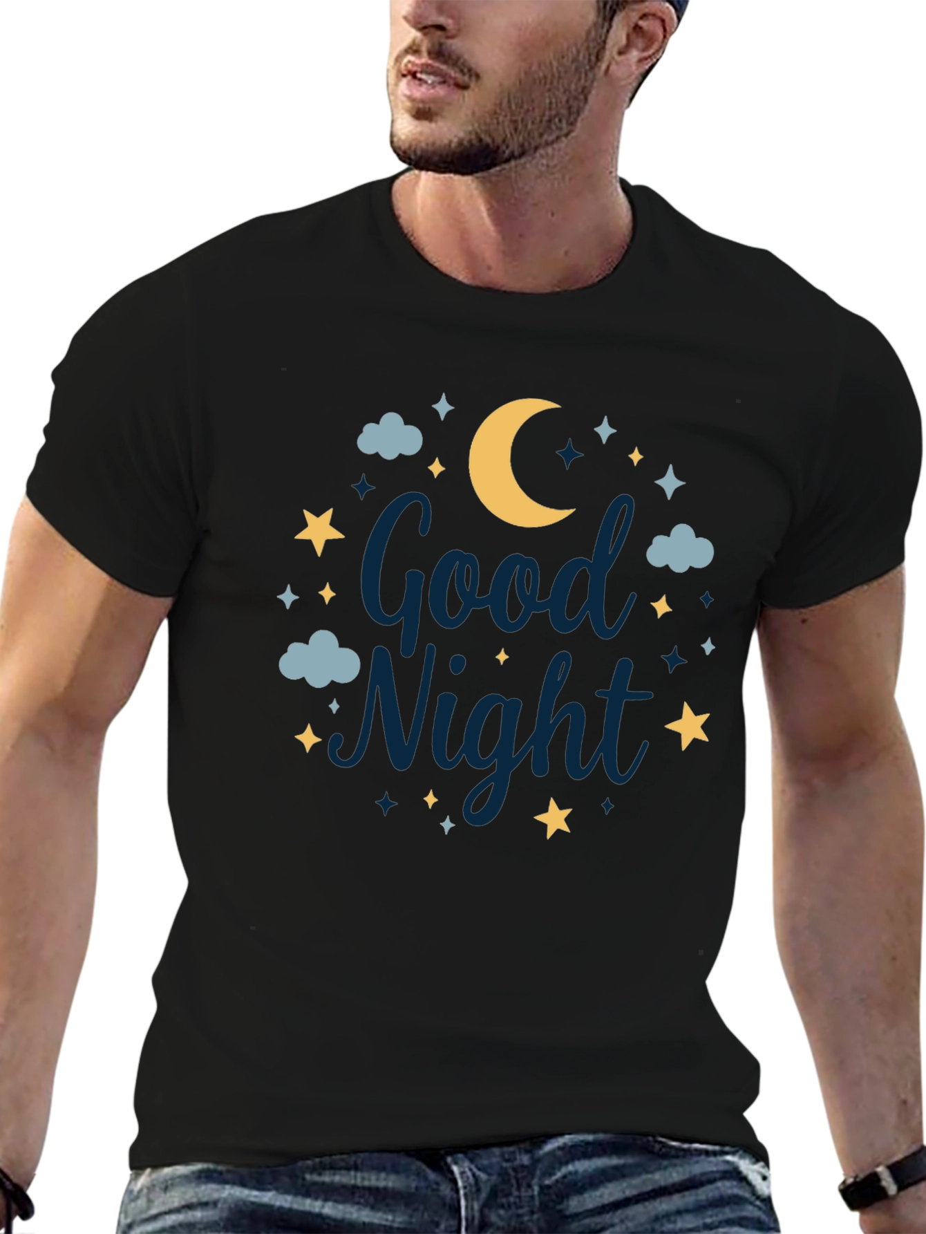 Black Good Night Moon & Stars Graphic Tee - Unisex Black T-Shirt view 6