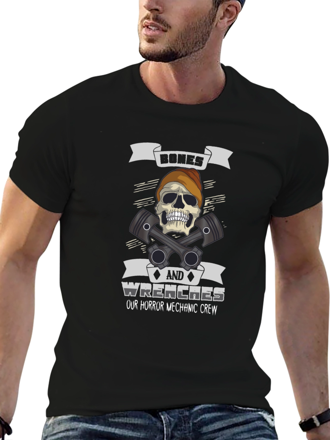 Black Bones & Wrenches Horror Mechanic Crew Black T-Shirt view 6