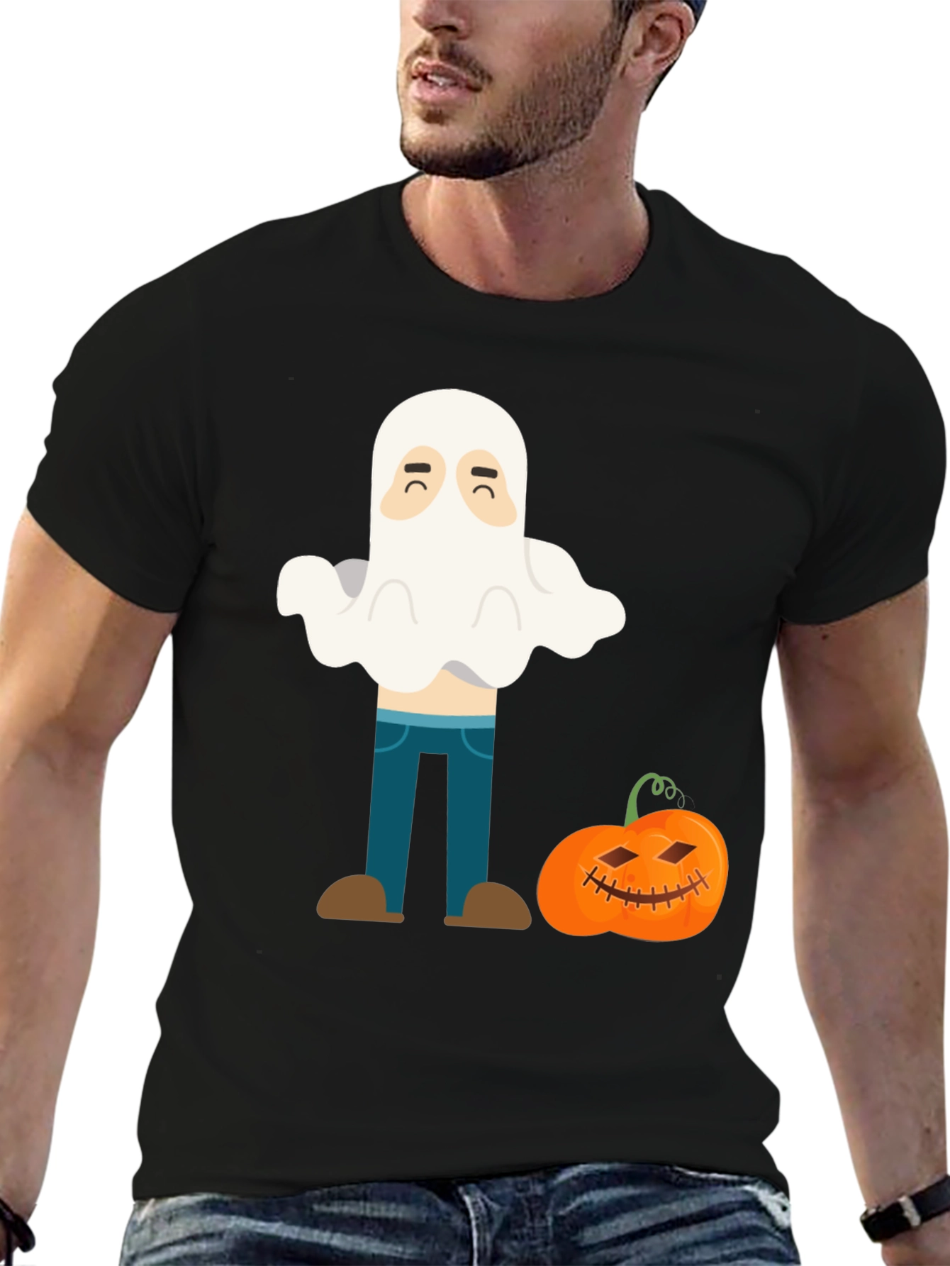 Black Halloween Ghost & Pumpkin Graphic T-Shirt view 6