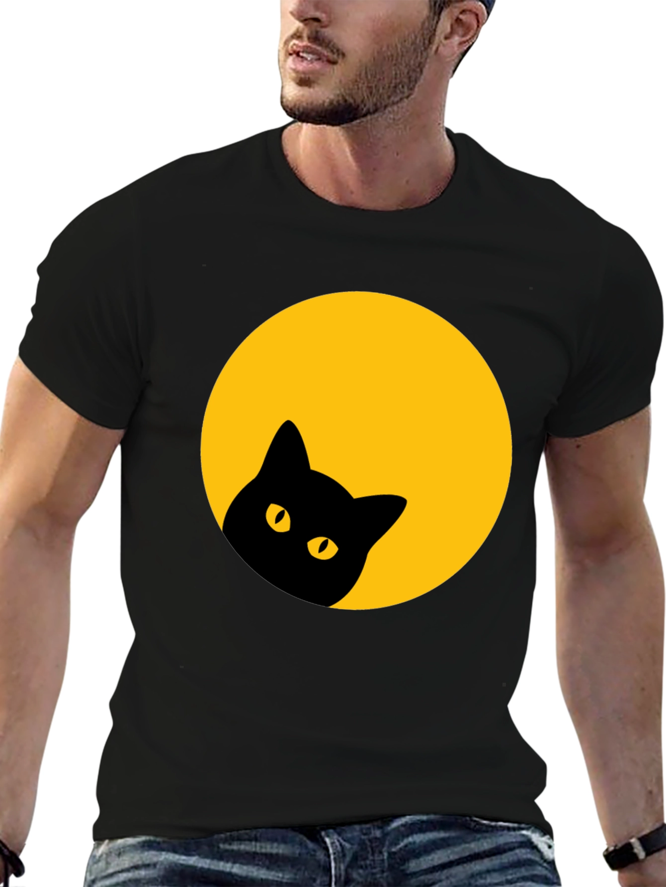 Black Black Cat Peek-a-Boo T-Shirt - Moon Design view 6