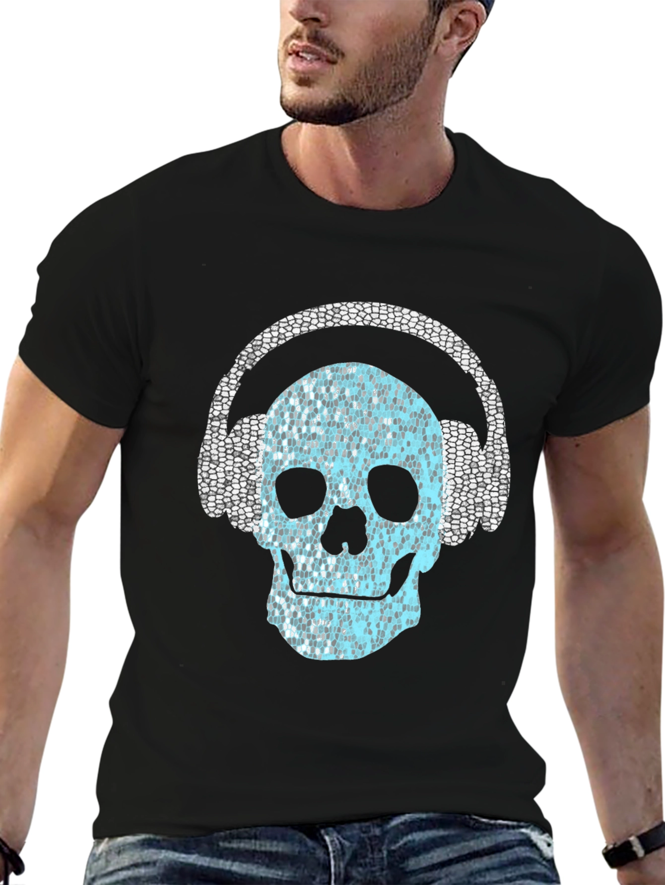 Black Skull with Headphones Graphic T-Shirt view 6
