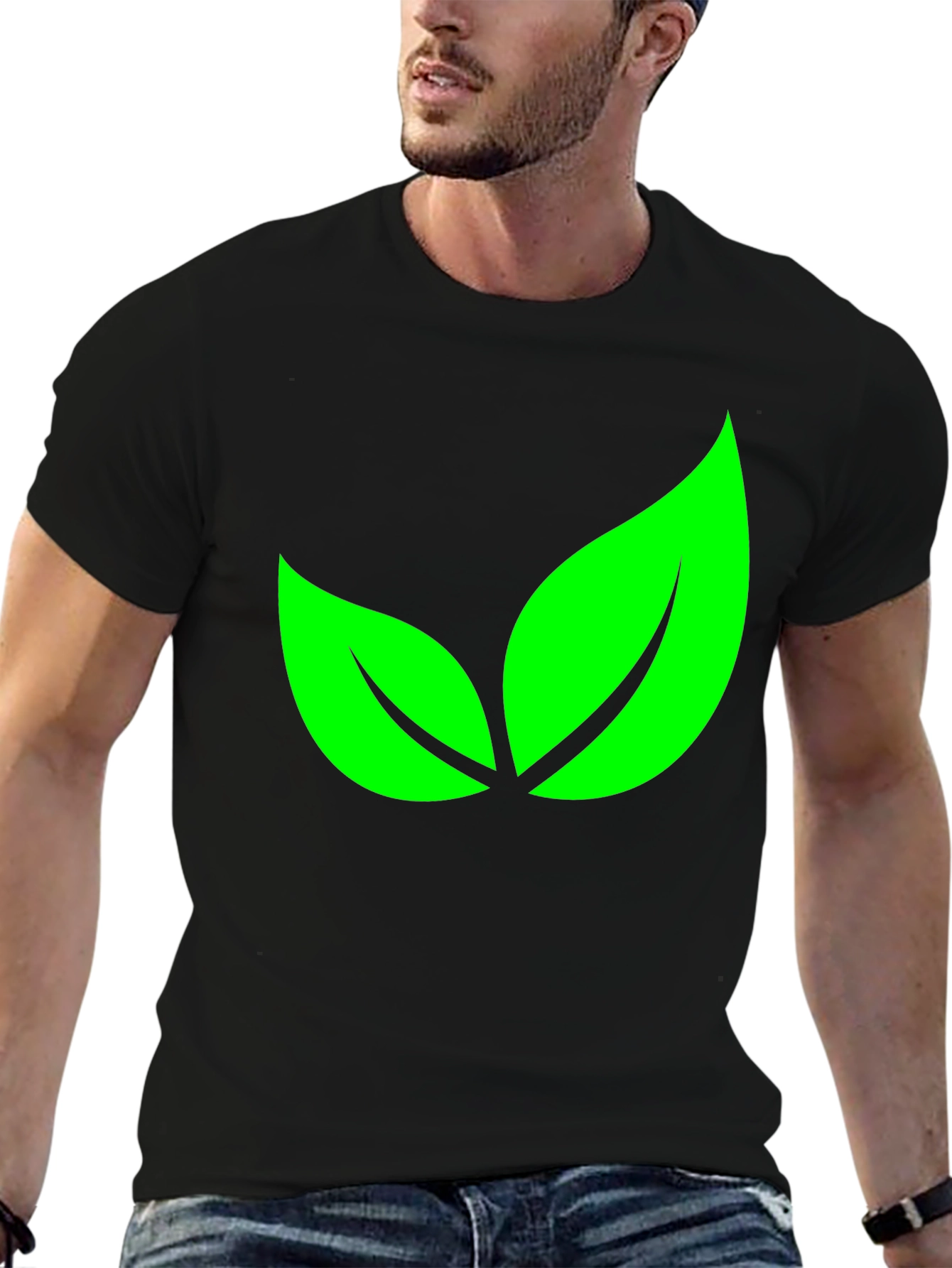 Black Green Leaves Graphic Black T-Shirt view 6