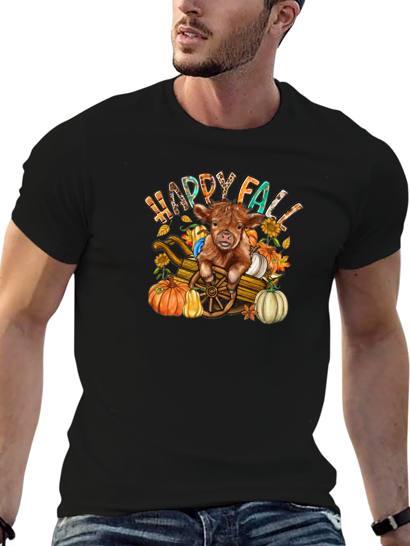 Black Happy Fall Highland Cow T-Shirt view 6