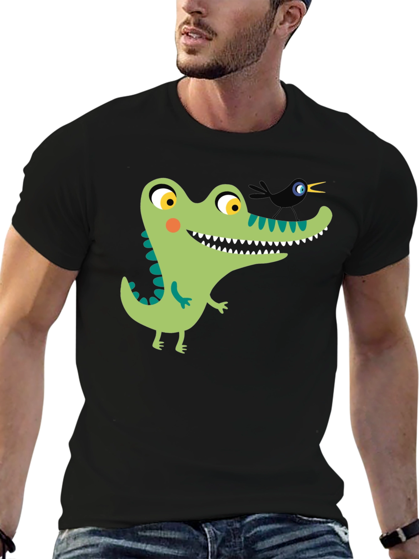 Black Cartoon Alligator Graphic Tee - Black Cotton view 6