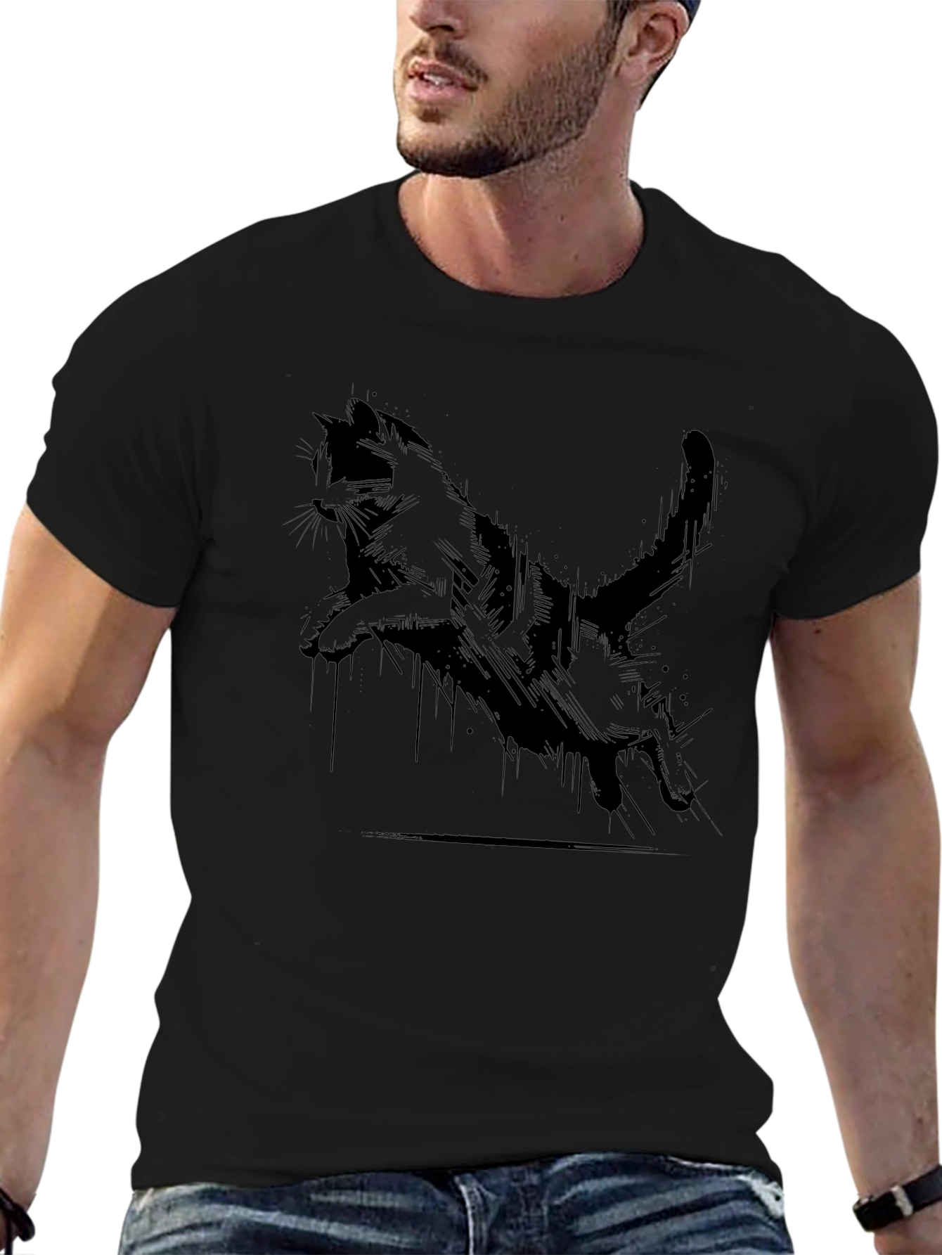 Black Cool Cat Print Black T-Shirt view 6