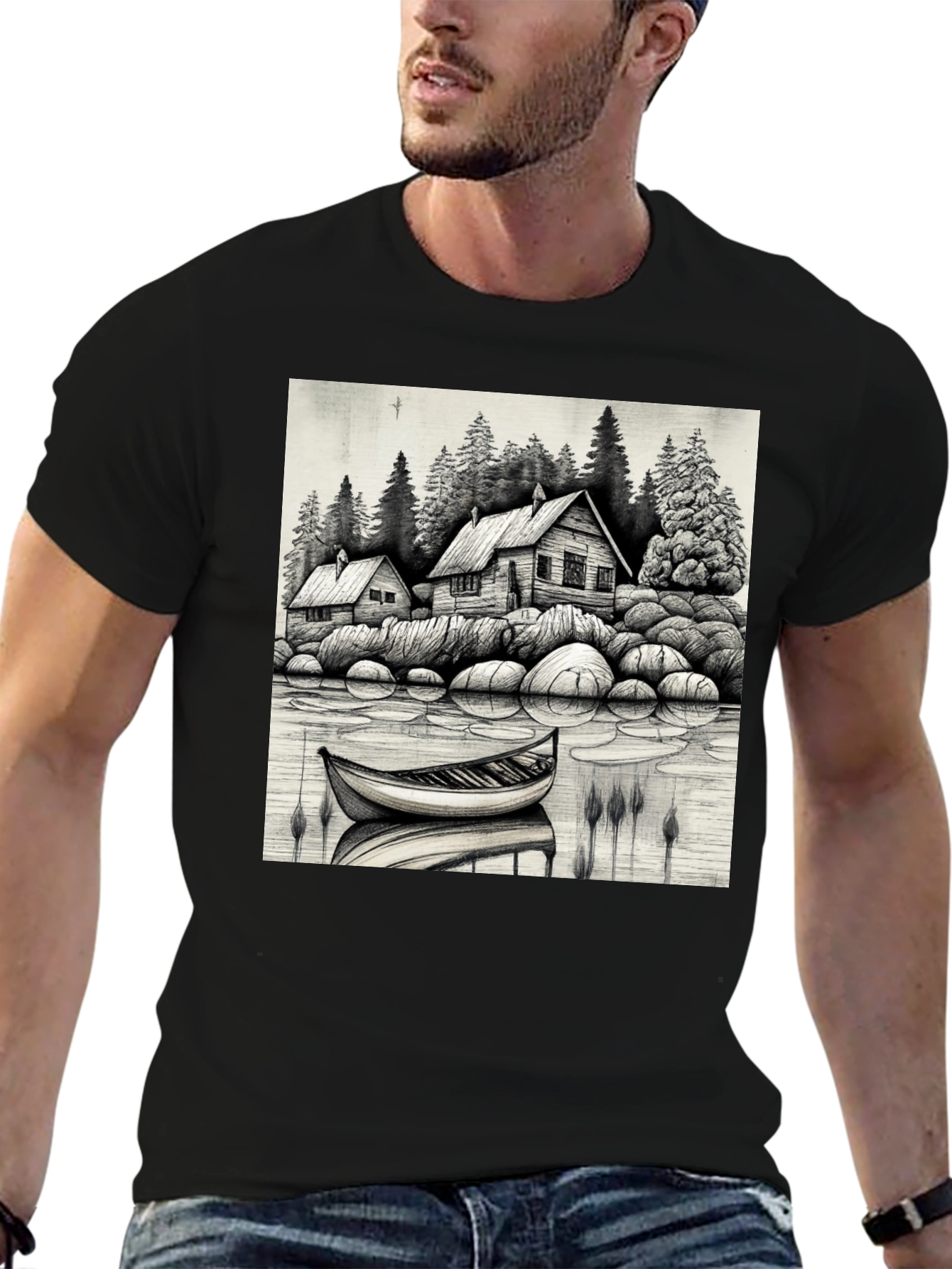 Black Cabin Lake Scene T-Shirt view 6