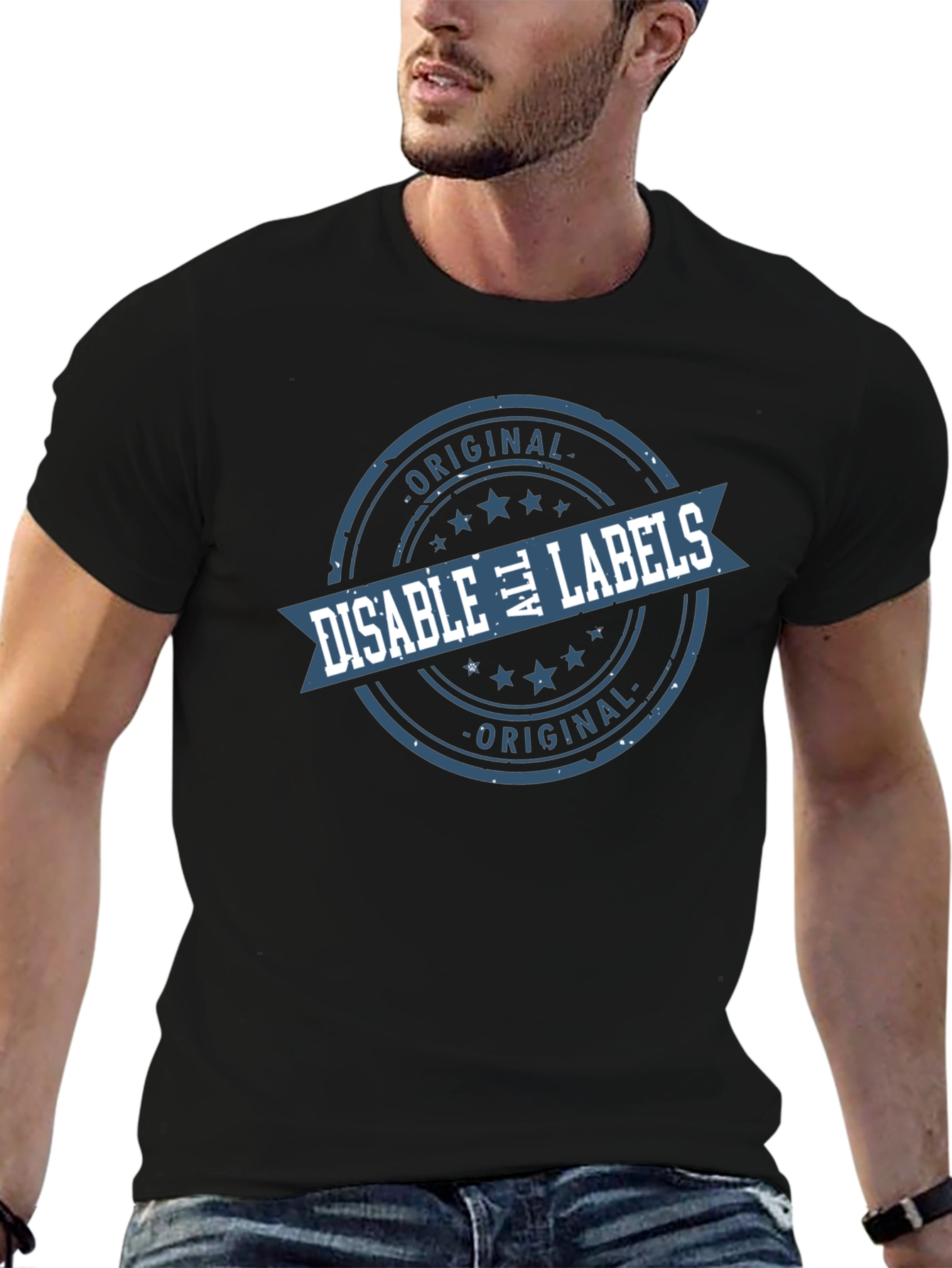 Black Disable All Labels T-Shirt - Original Design view 6