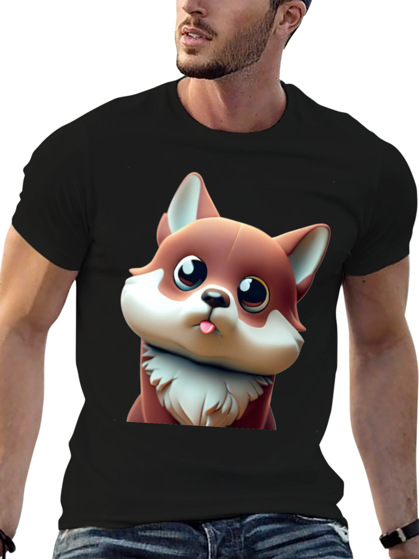 Black Cute Cartoon Fox Black T-Shirt view 6