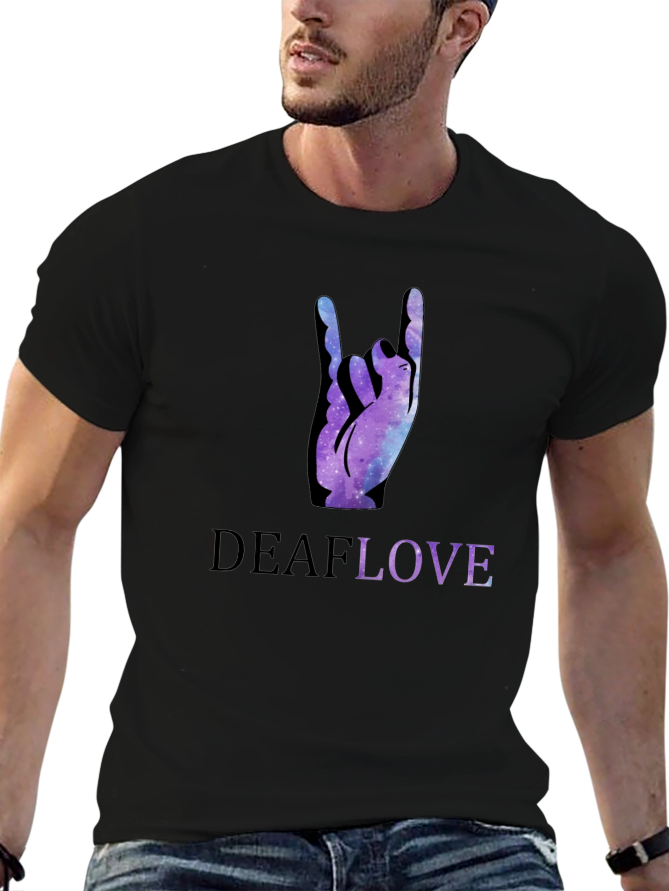 Black Deaf Love Galaxy Hand Sign Black T-Shirt view 6