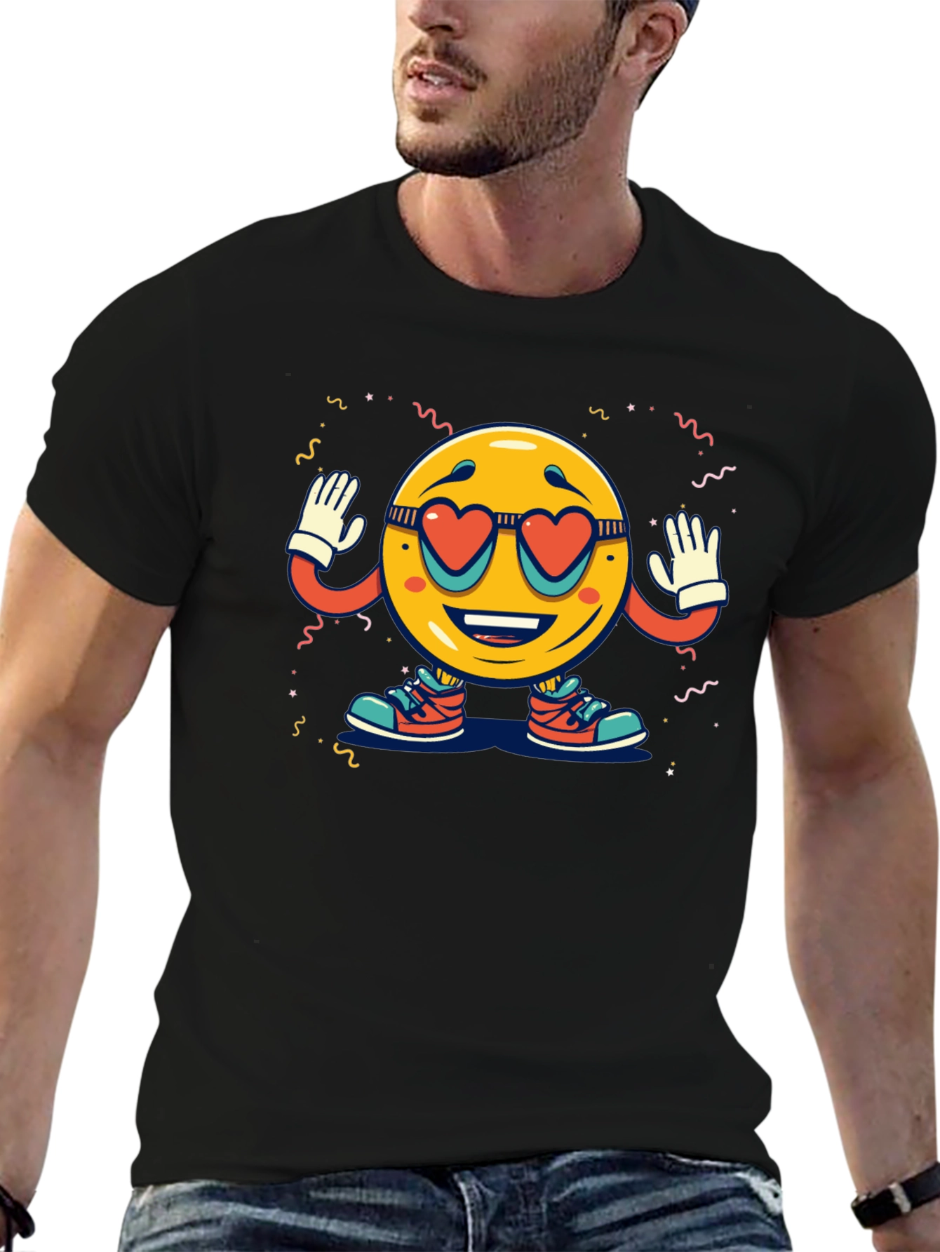 Black Retro Smiley Face Heart Sunglasses T-Shirt view 6
