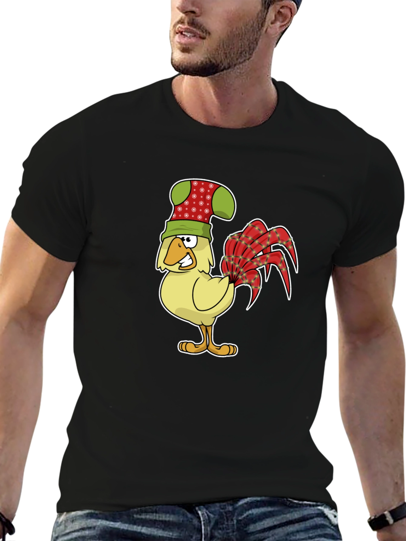 Black Festive Rooster Graphic Tee - Novelty Chicken Shirt view 6