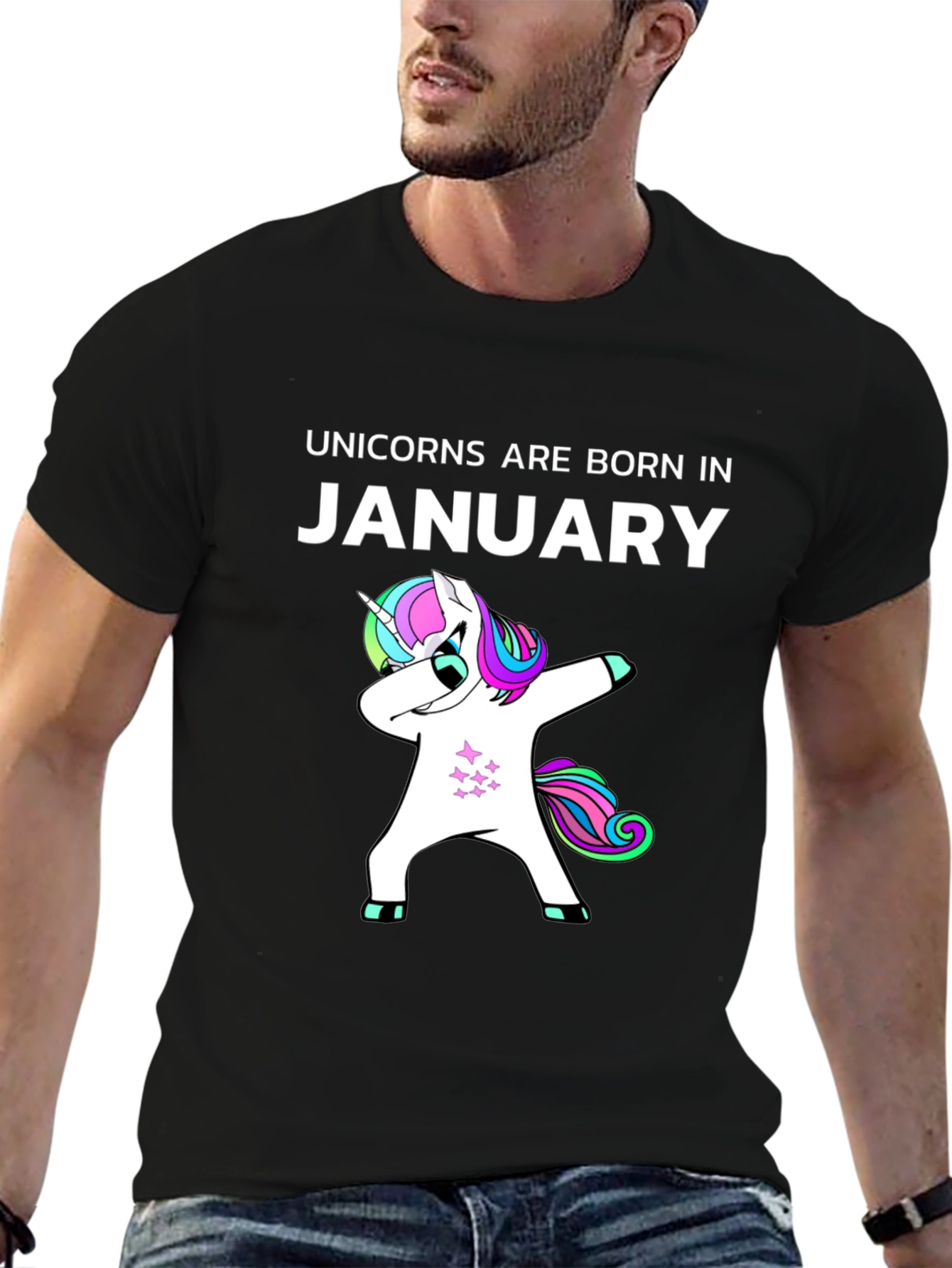 Black Unicorns Born in January Black T-Shirt view 6