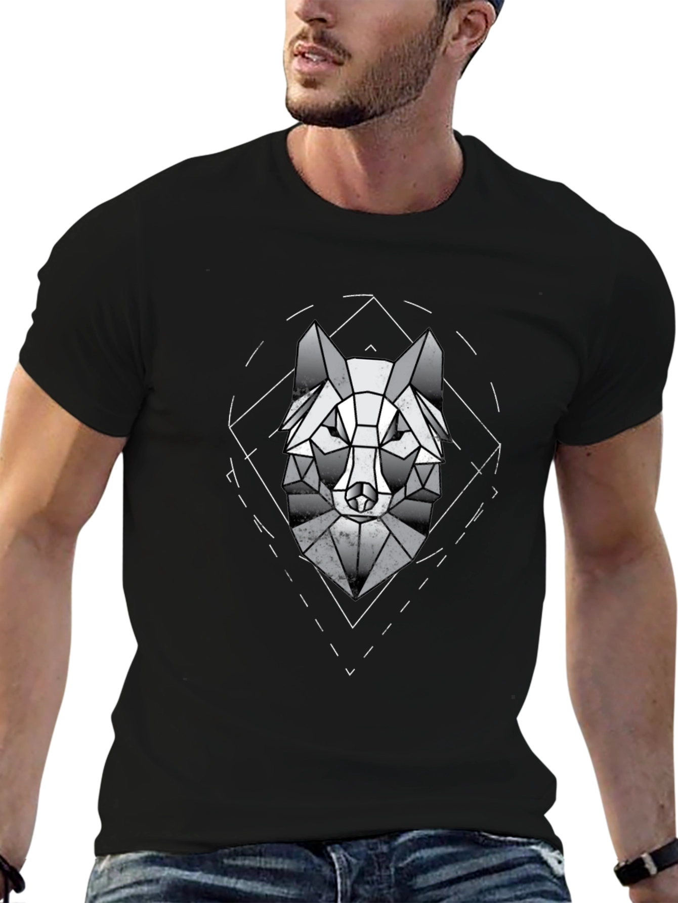 Black Geometric Wolf Graphic Tee - Modern Menswear view 6